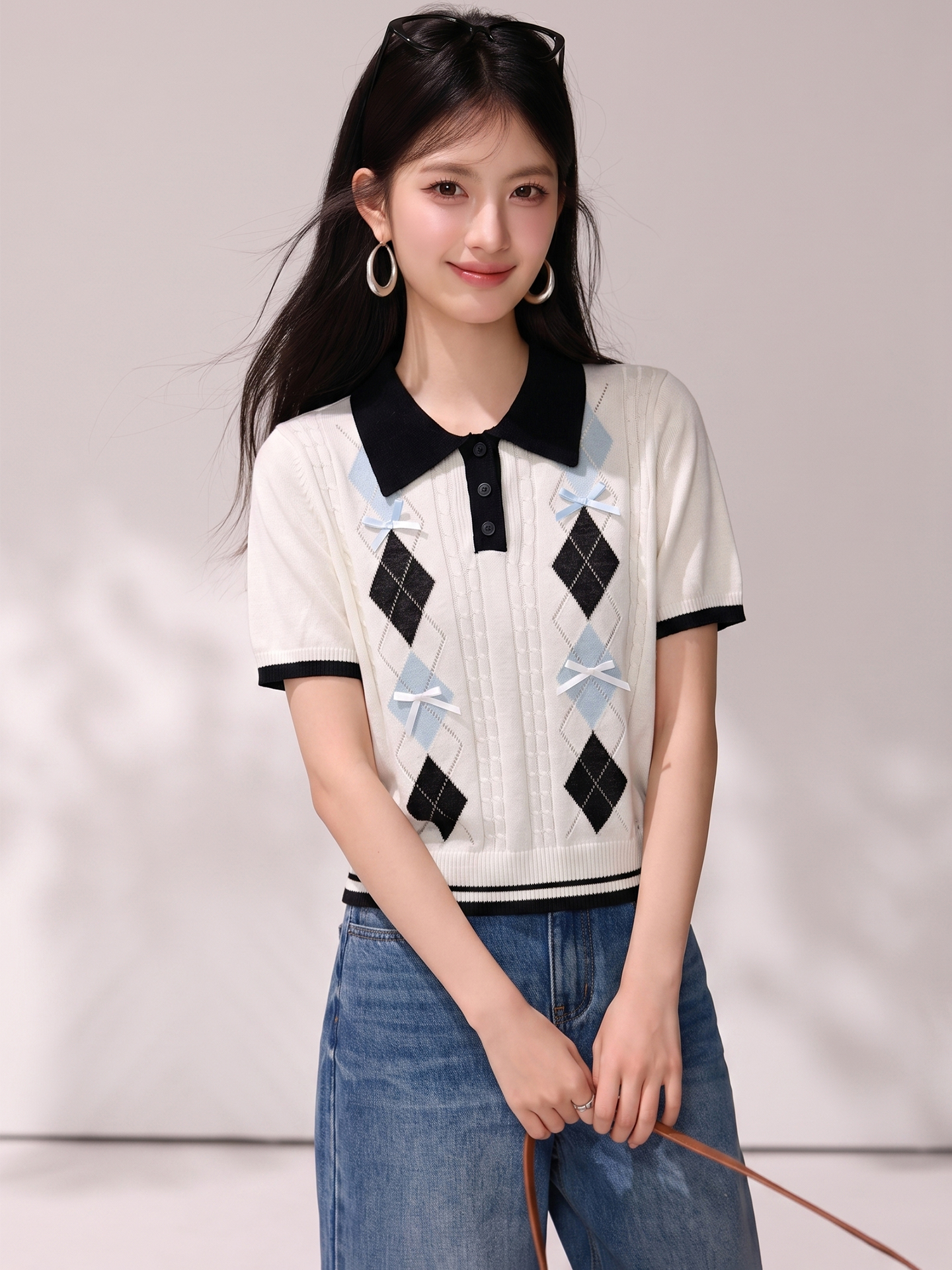 有◆2026夏季新款休閑學院風修身短袖撞色菱格紋針織衫上衣