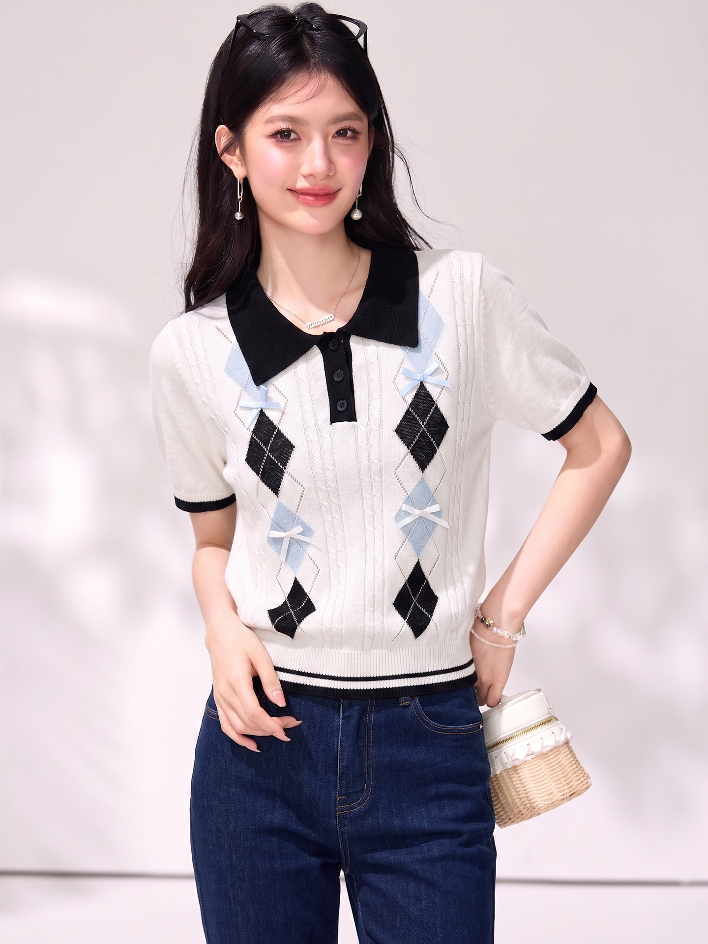 有◆2026夏季新款休閑學院風修身短袖撞色菱格紋針織衫上衣