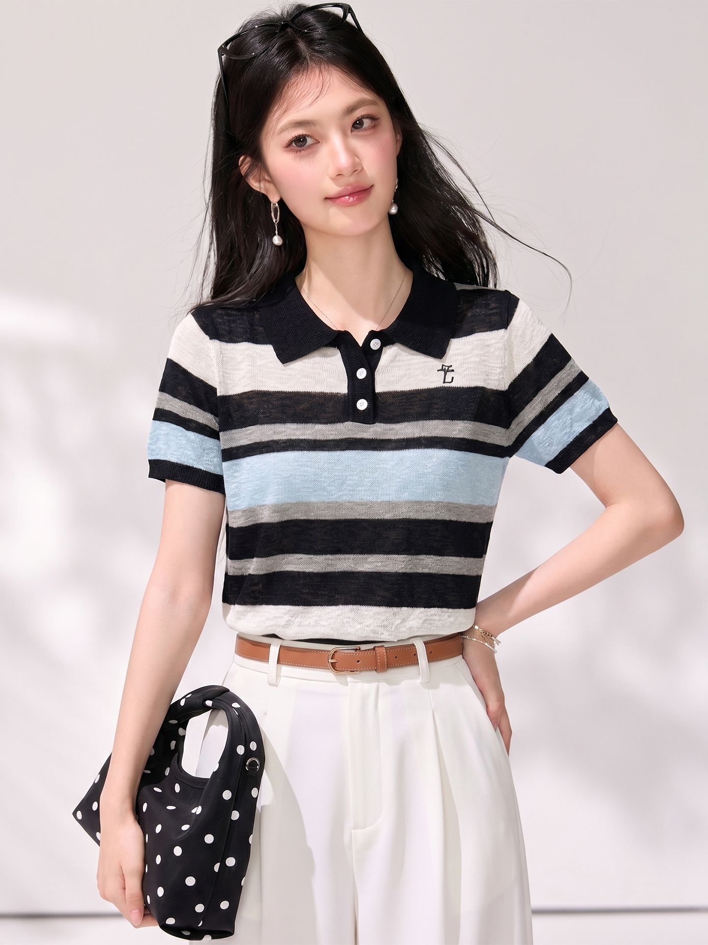 有◆2026夏季新款條紋拼色短袖針織衫女撞色寬松顯瘦修身短袖上衣