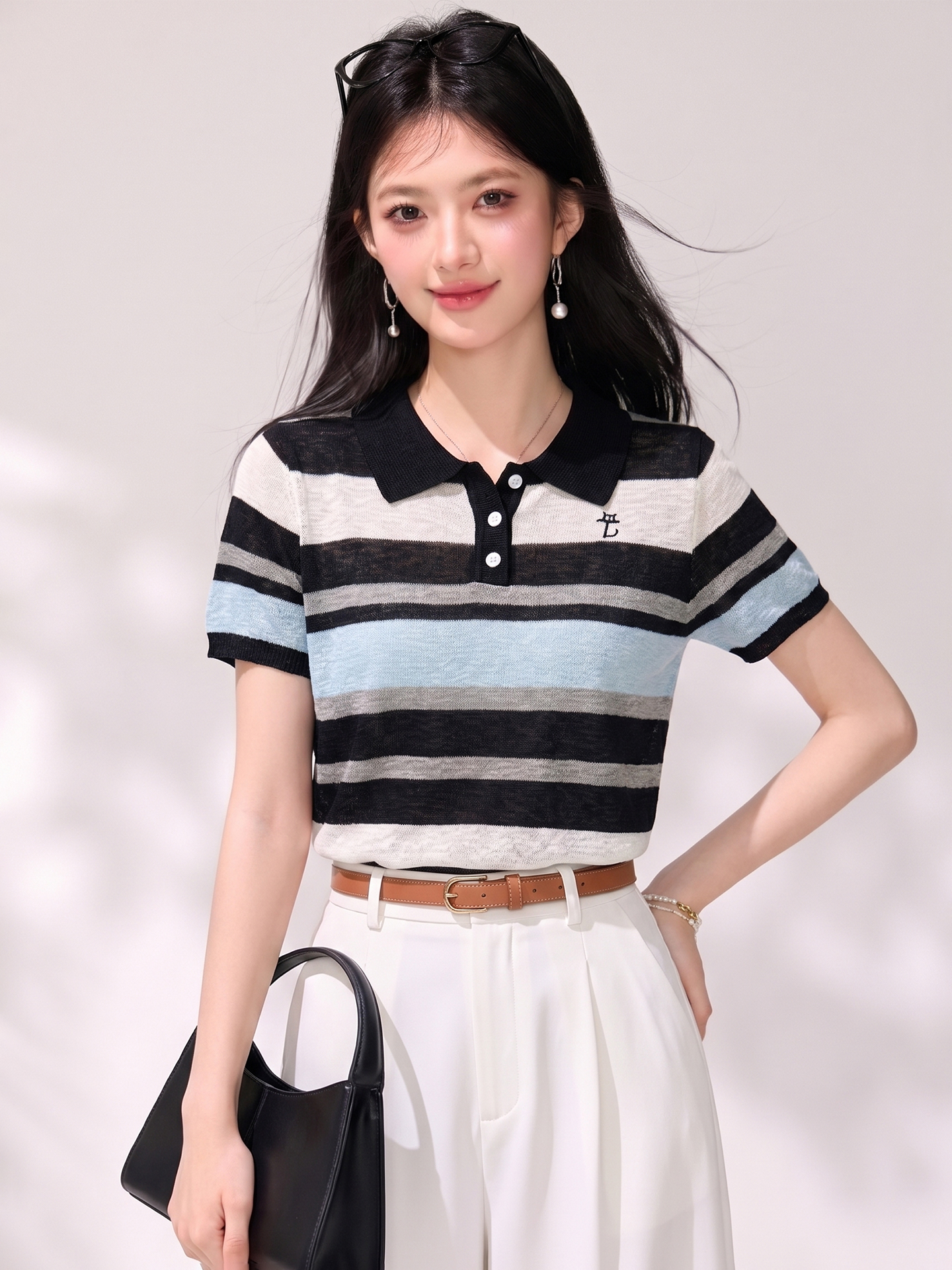 有◆2026夏季新款條紋拼色短袖針織衫女撞色寬松顯瘦修身短袖上衣