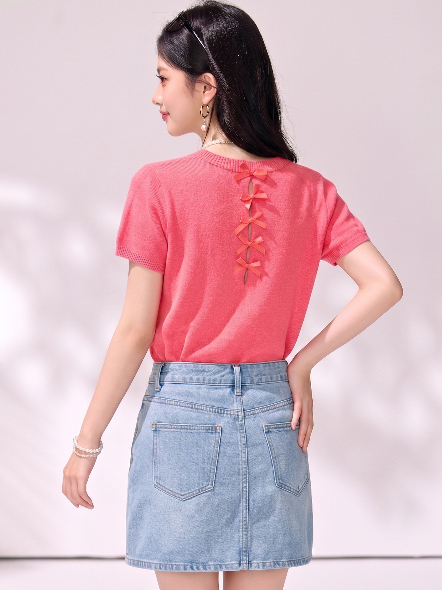 有◆2026夏季新款韓系顯白樹莓粉蝴蝶結短袖t恤女設計感顯瘦上衣