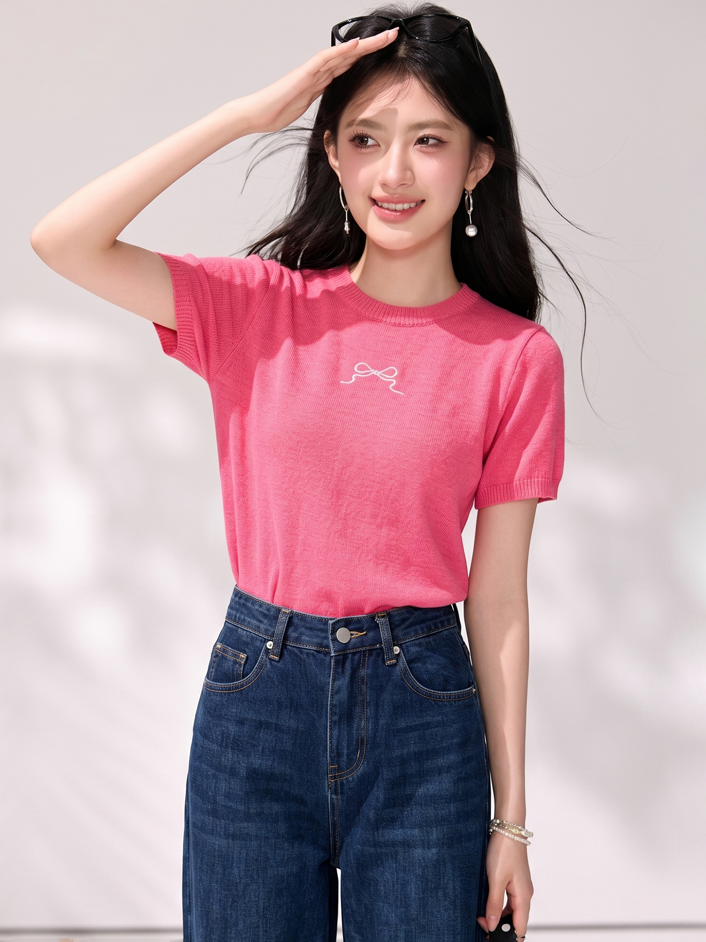 有◆2026夏季新款韓系顯白樹莓粉蝴蝶結短袖t恤女設計感顯瘦上衣