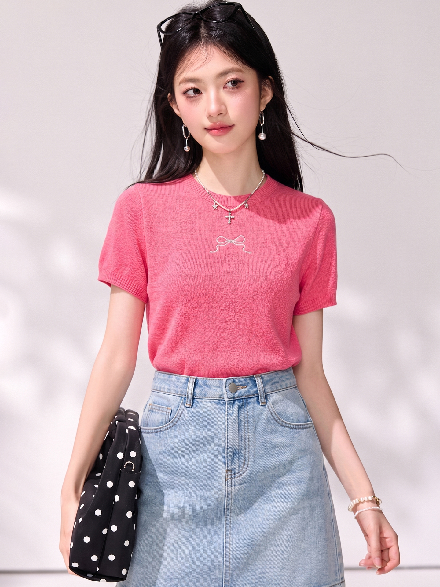 有◆2026夏季新款韓系顯白樹莓粉蝴蝶結短袖t恤女設計感顯瘦上衣