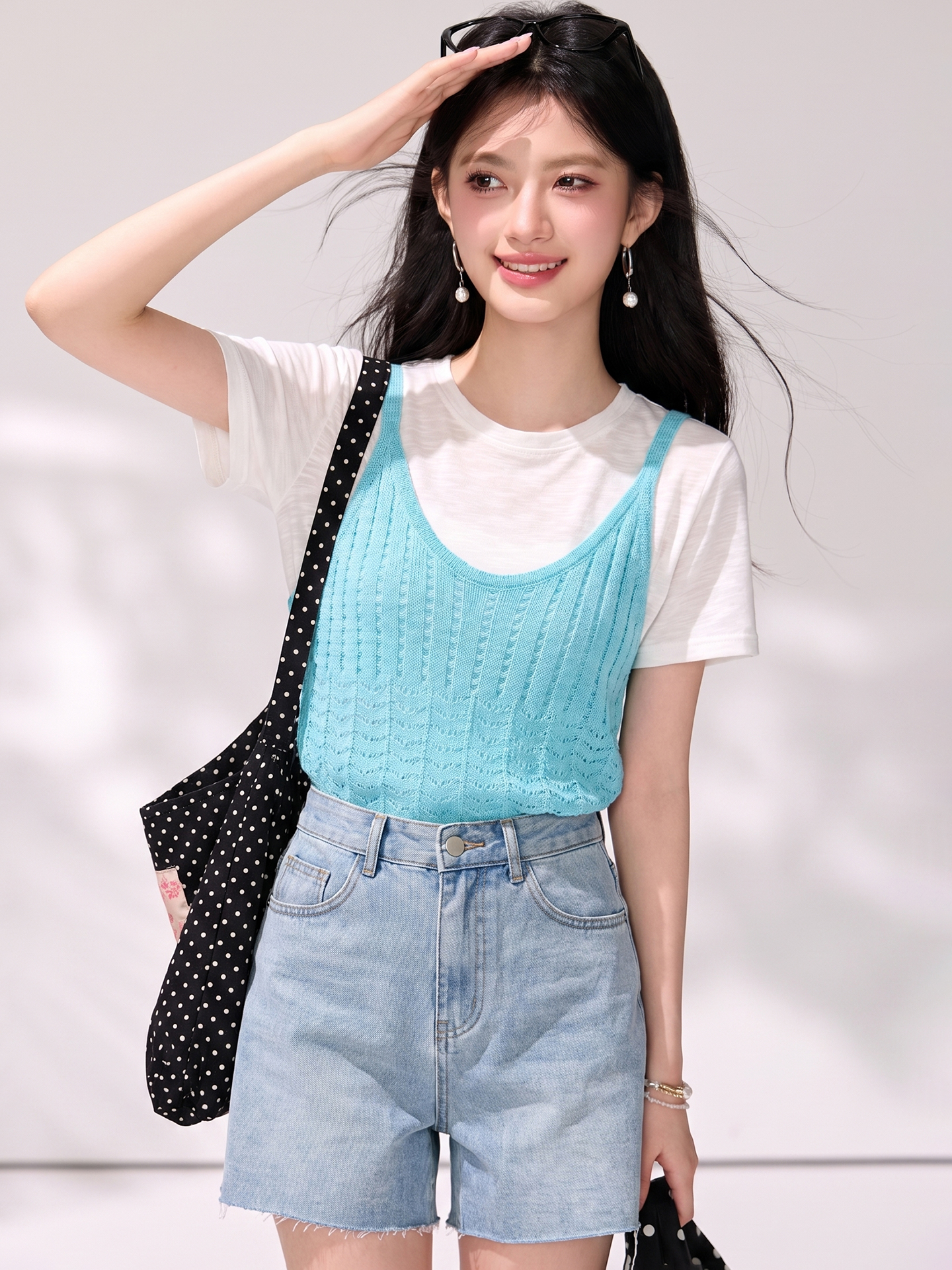 實拍◆有◆2026夏季短袖T恤女夏多巴胺冰絲針織上衣吊帶兩件套裝