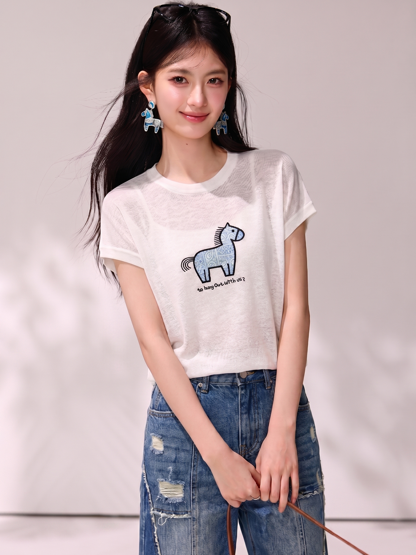 實拍◆有◆2026夏季小馬刺繡圓領短袖女韓系減齡寬松顯瘦針織小衫
