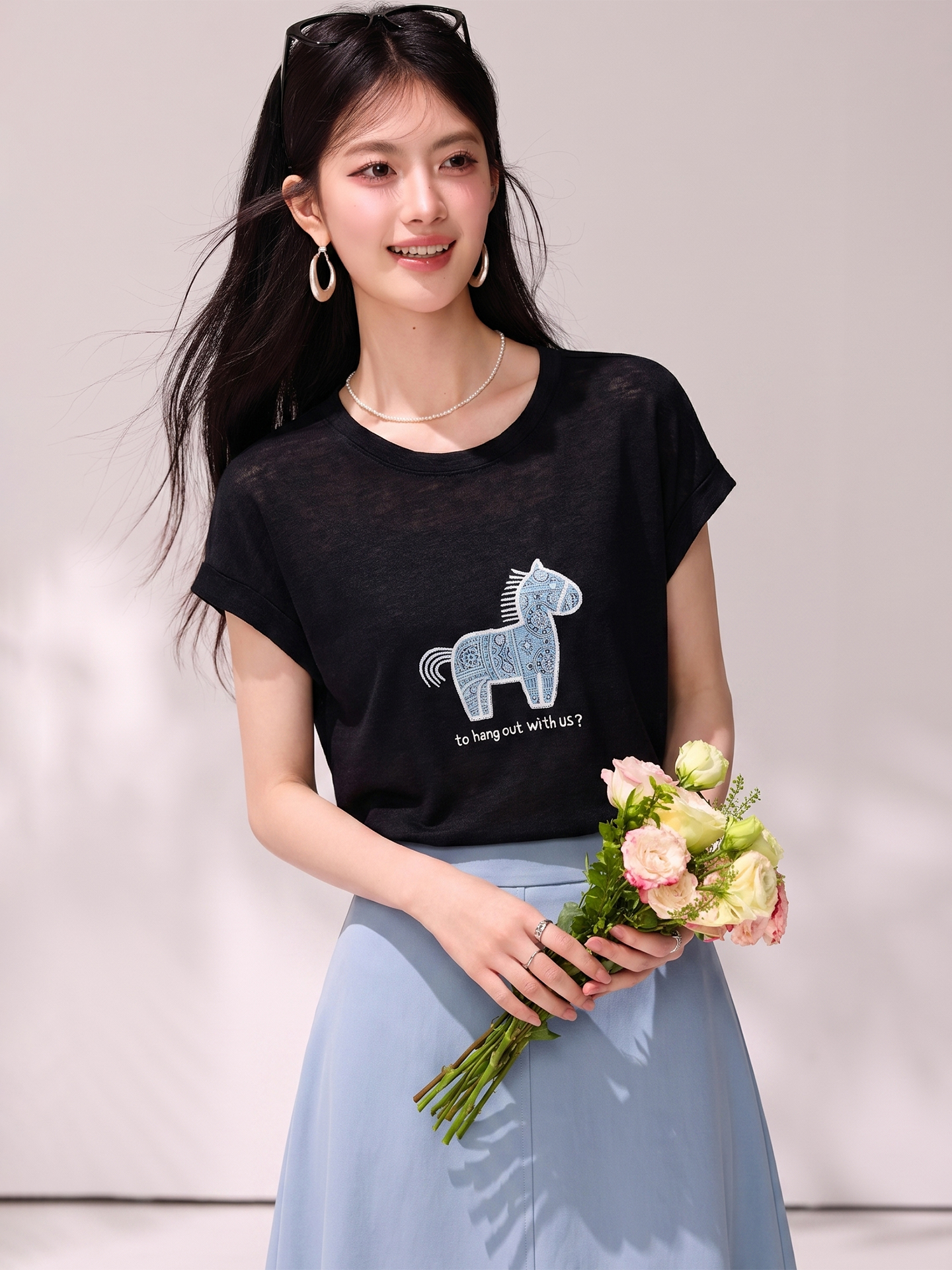 實拍◆有◆2026夏季小馬刺繡圓領短袖女韓系減齡寬松顯瘦針織小衫
