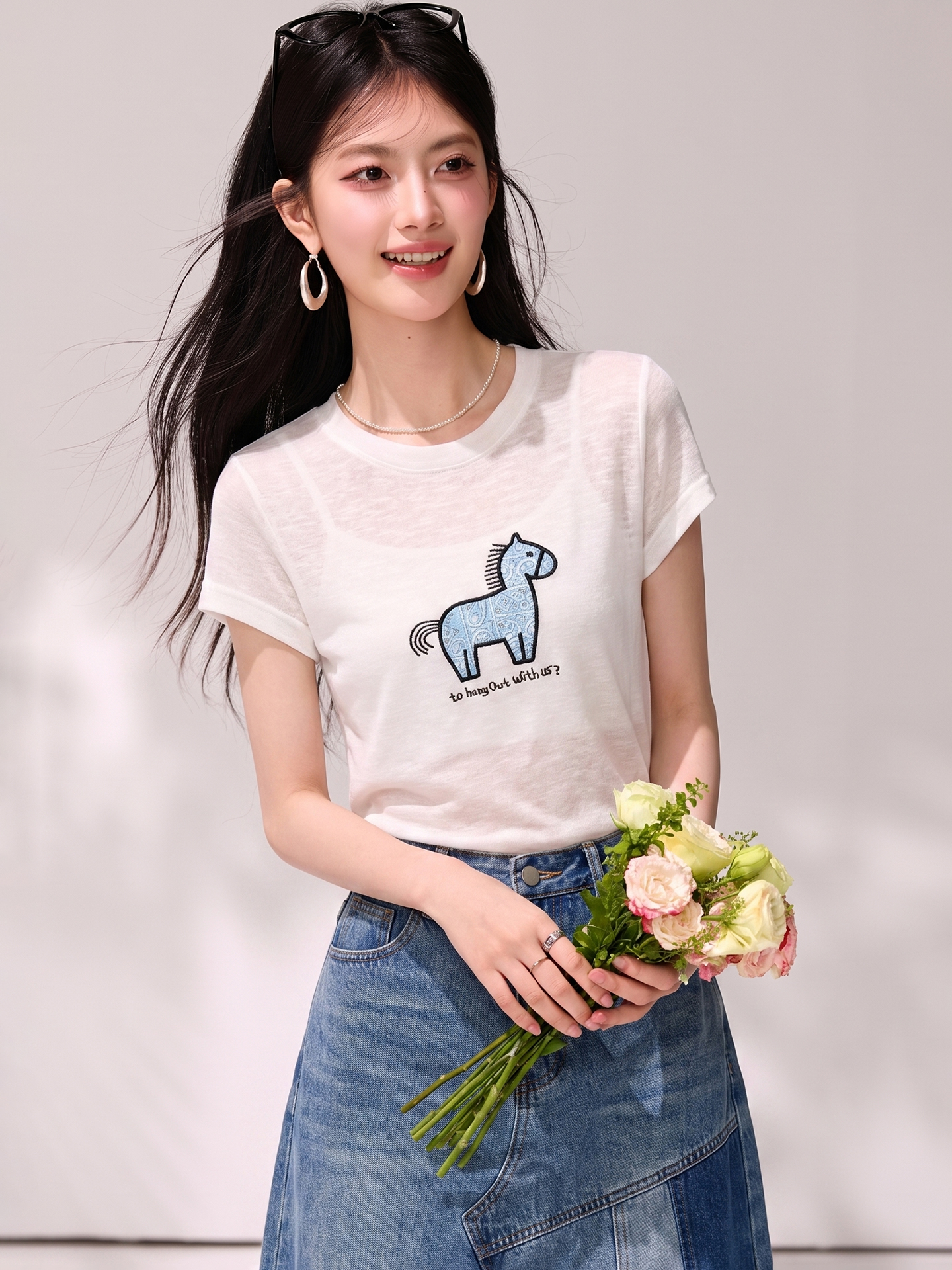 實拍◆有◆2026夏季小馬刺繡圓領短袖女韓系減齡寬松顯瘦針織小衫