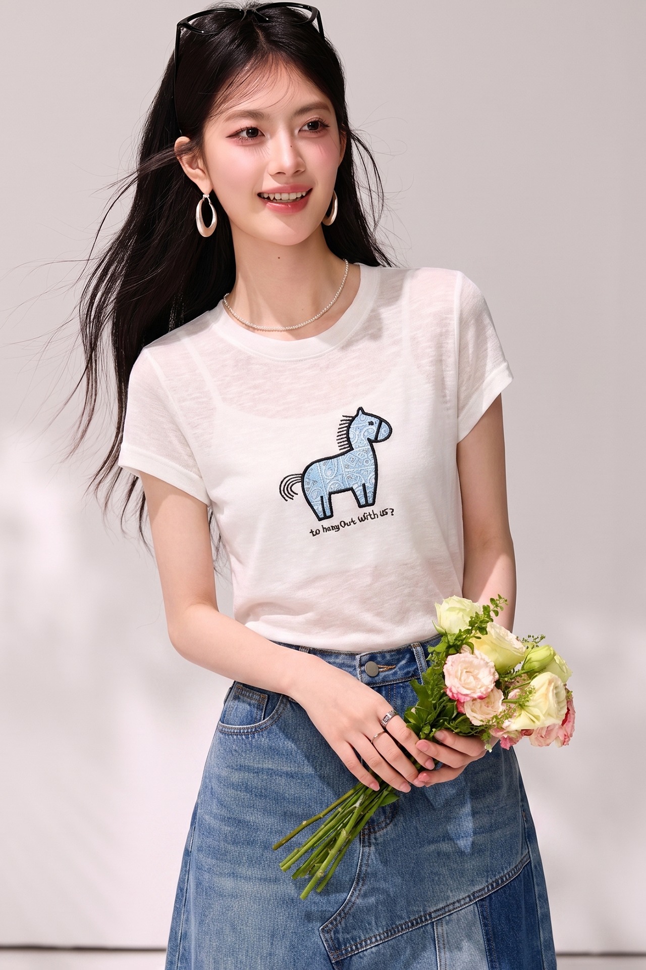 實拍◆有◆2026夏季小馬刺繡圓領短袖女韓系減齡寬松顯瘦針織小衫
