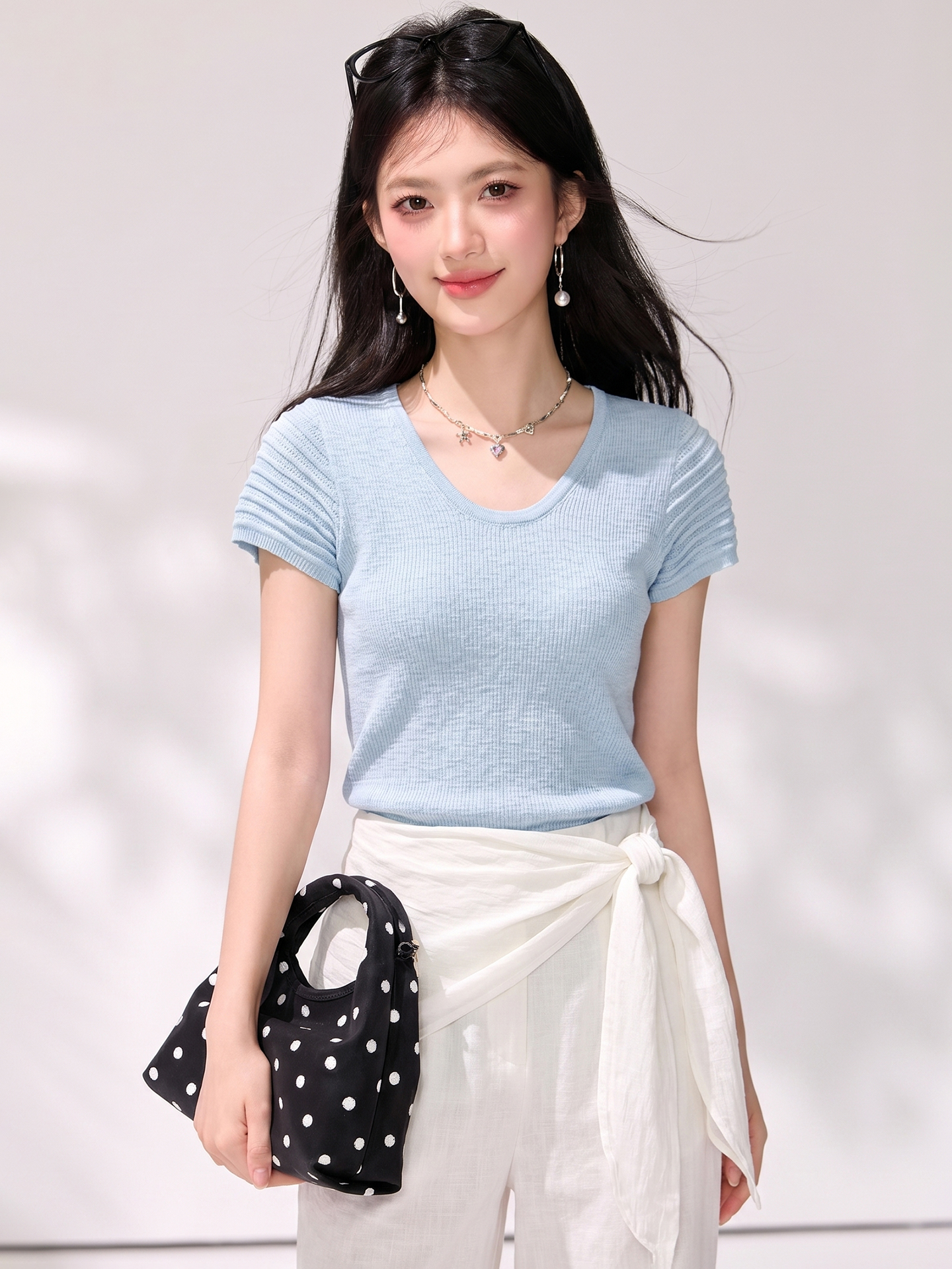 實拍◆有◆2026夏季輕法式鏤空袖U領短袖針織衫修身顯瘦上衣小衫