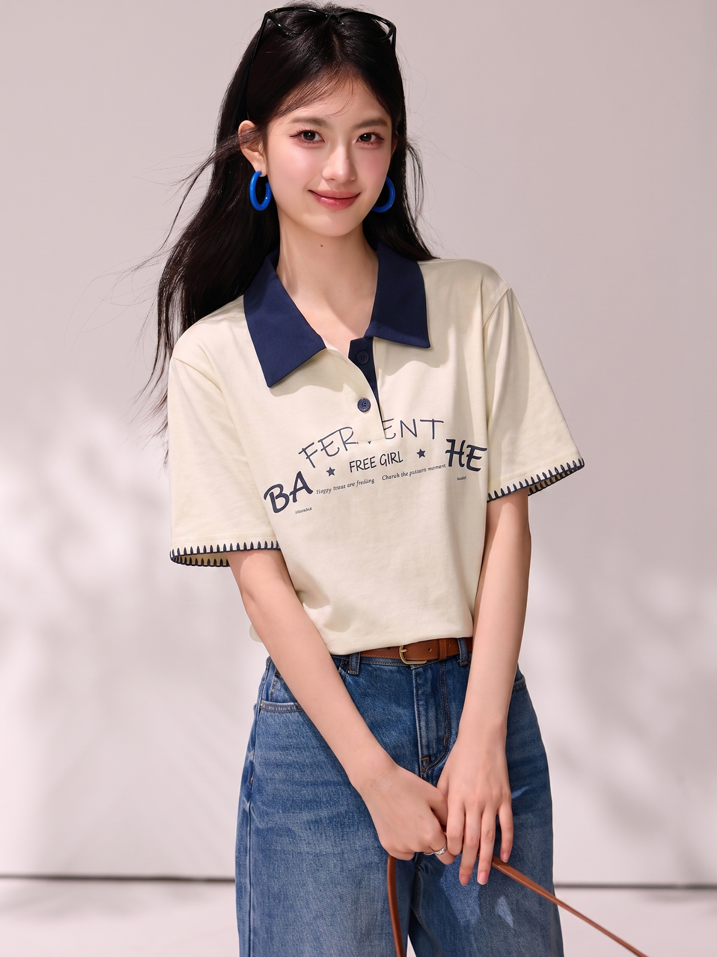 實拍◆有◆2026夏季撞色polo翻領短袖女寬松正肩字母印花半袖上衣