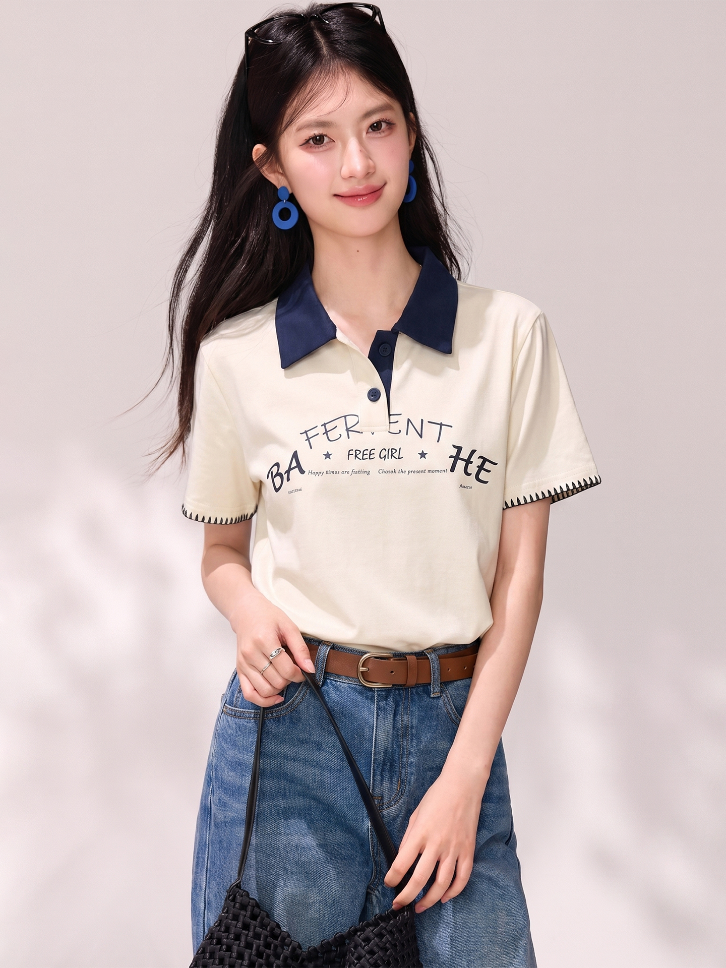 實拍◆有◆2026夏季撞色polo翻領短袖女寬松正肩字母印花半袖上衣