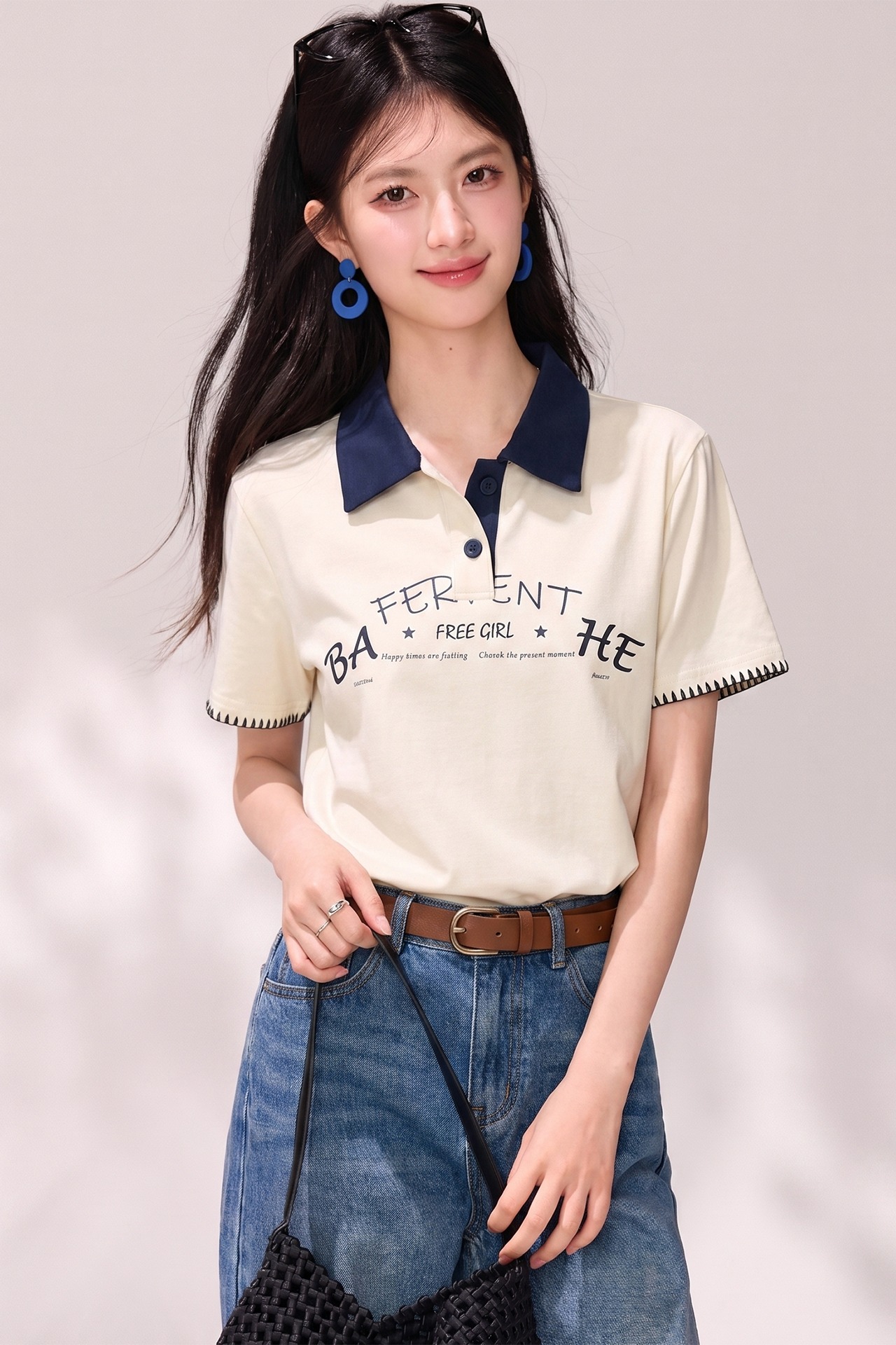 實拍◆有◆2026夏季撞色polo翻領短袖女寬松正肩字母印花半袖上衣