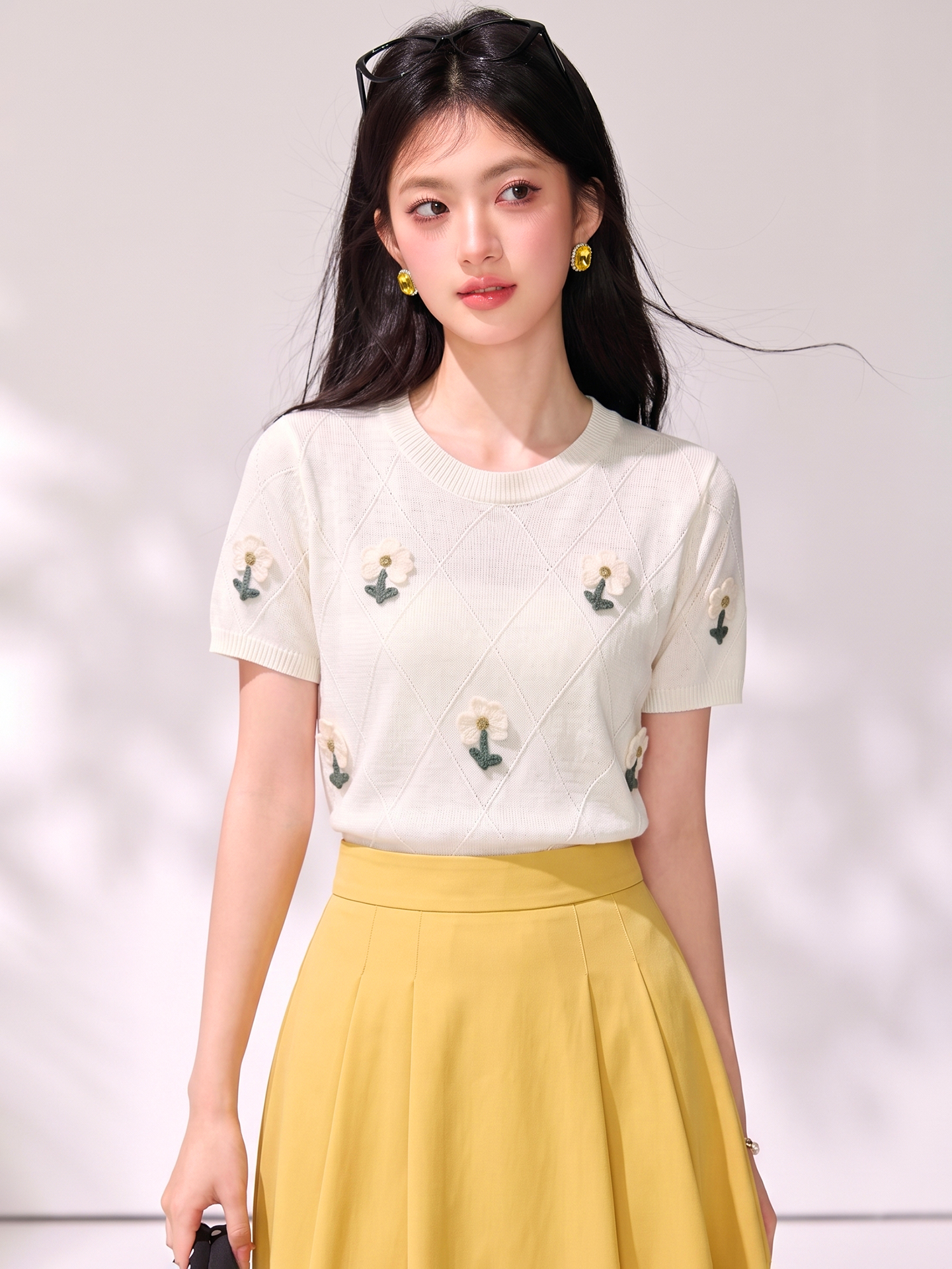 實拍◆有◆2026夏季韓系甜美圓領短袖立體花朵刺繡針織衫女T恤衫