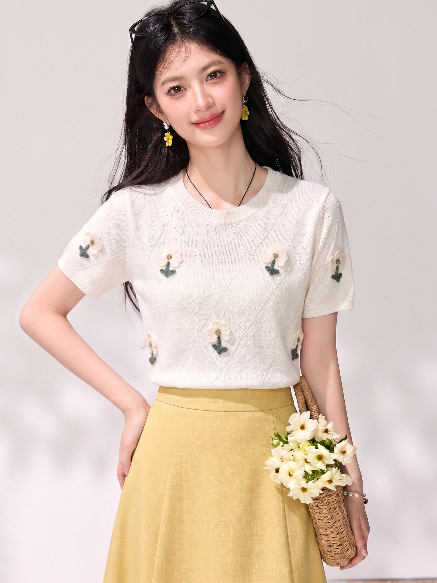 實拍◆有◆2026夏季韓系甜美圓領短袖立體花朵刺繡針織衫女T恤衫