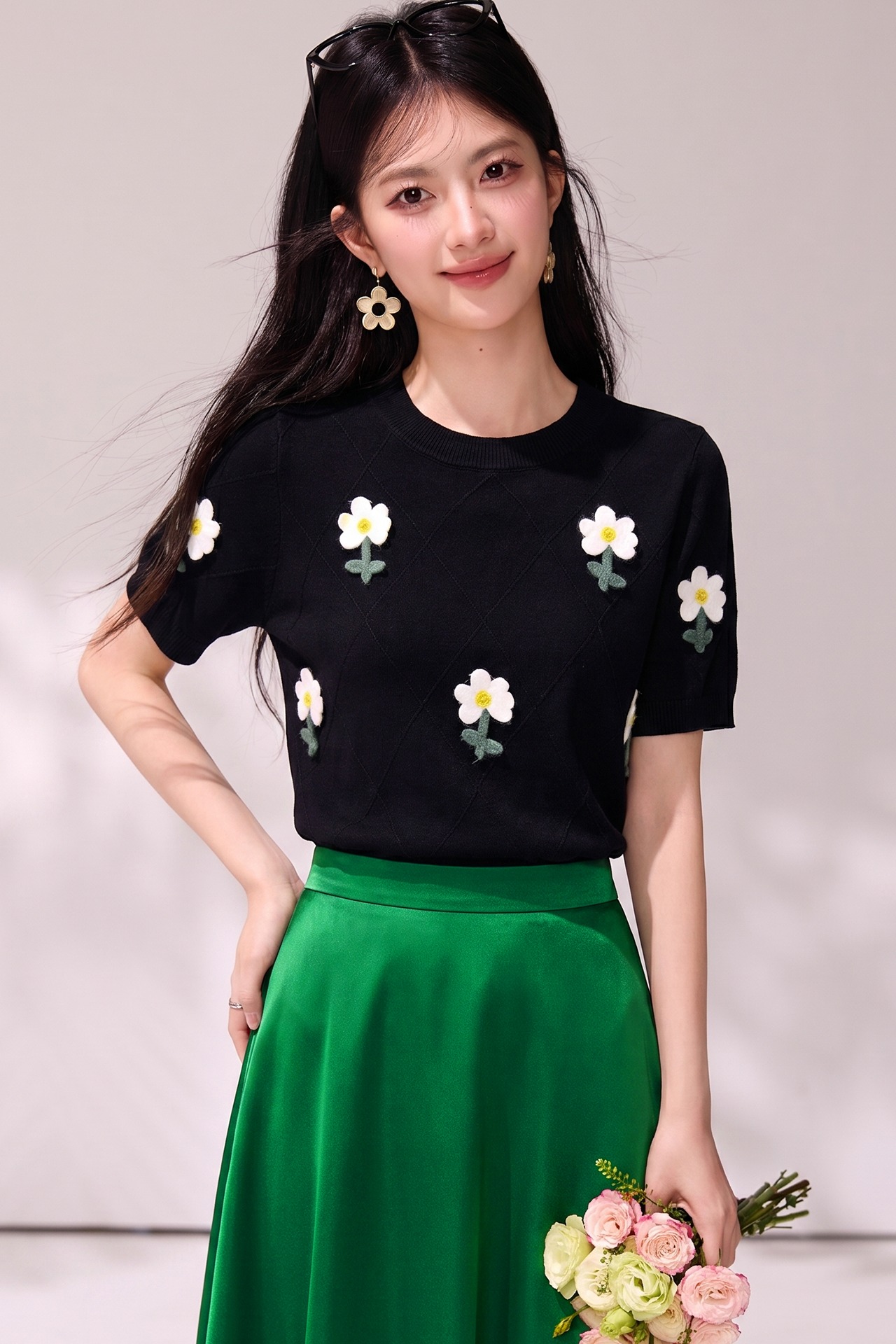 實拍◆有◆2026夏季韓系甜美圓領短袖立體花朵刺繡針織衫女T恤衫