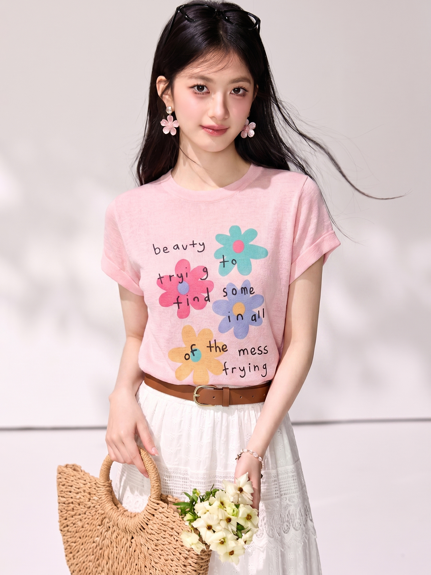 實拍◆有◆2026夏季高級感減齡花朵印花短袖百搭氣質寬松休閑上衣