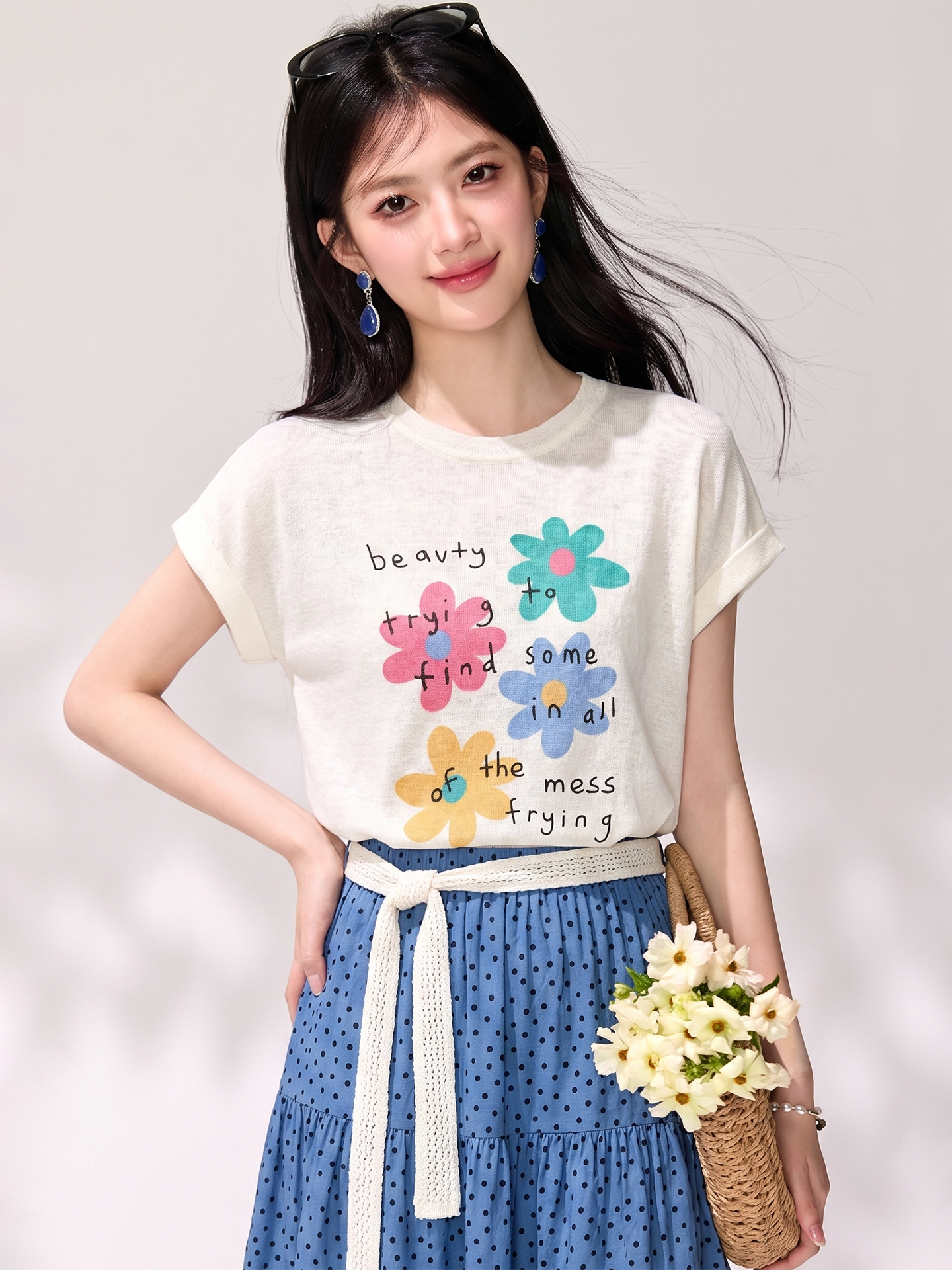 實拍◆有◆2026夏季高級感減齡花朵印花短袖百搭氣質寬松休閑上衣