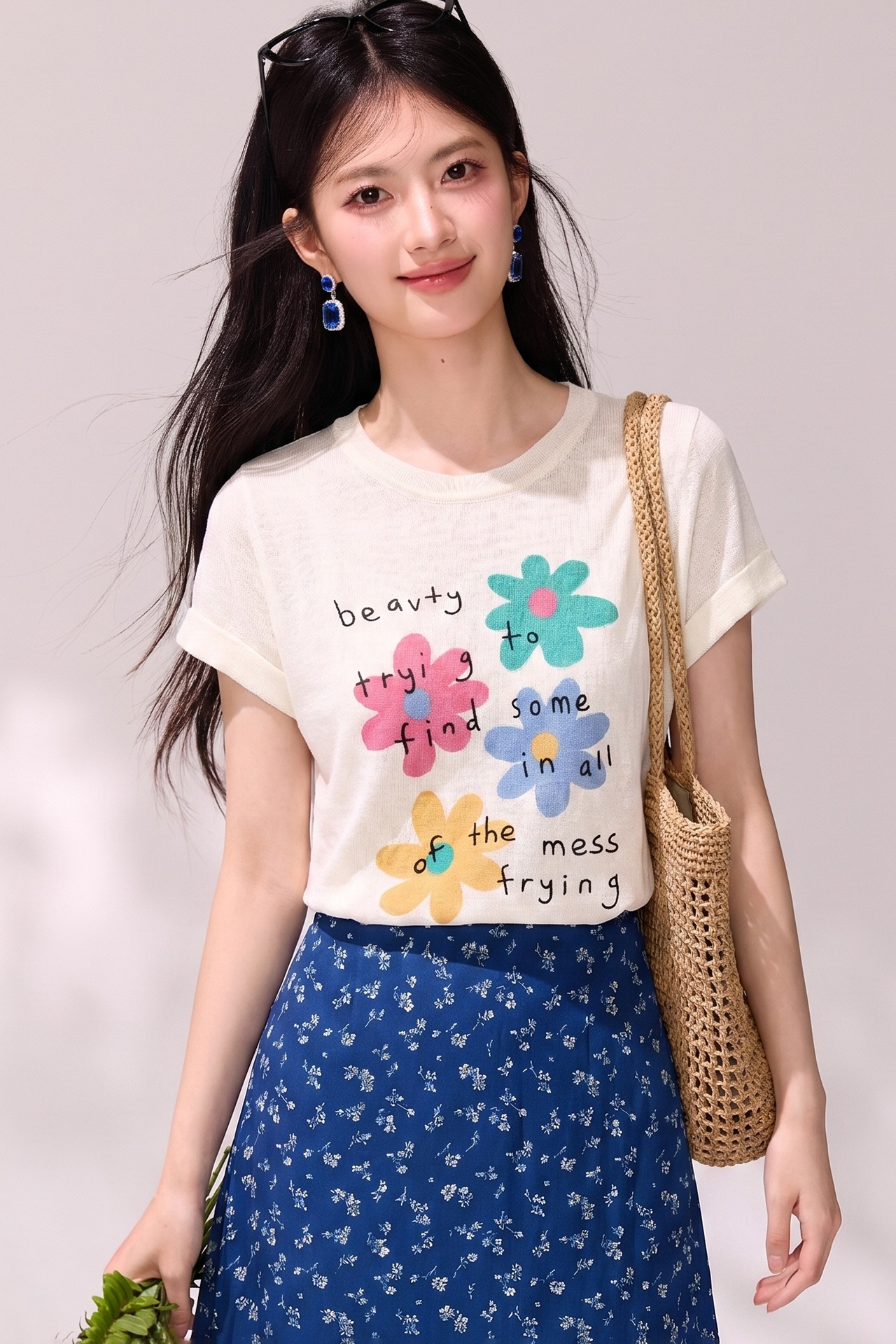 實拍◆有◆2026夏季高級感減齡花朵印花短袖百搭氣質寬松休閑上衣