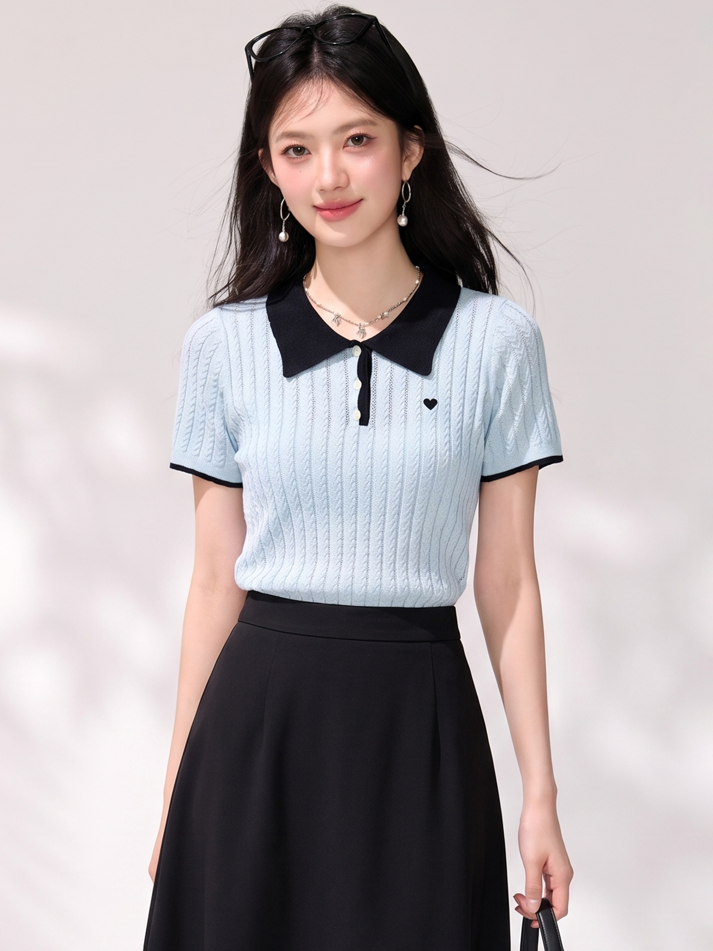 實拍◆有◆2026夏季撞色polo領短袖女愛心刺繡溫柔風百搭通勤上衣