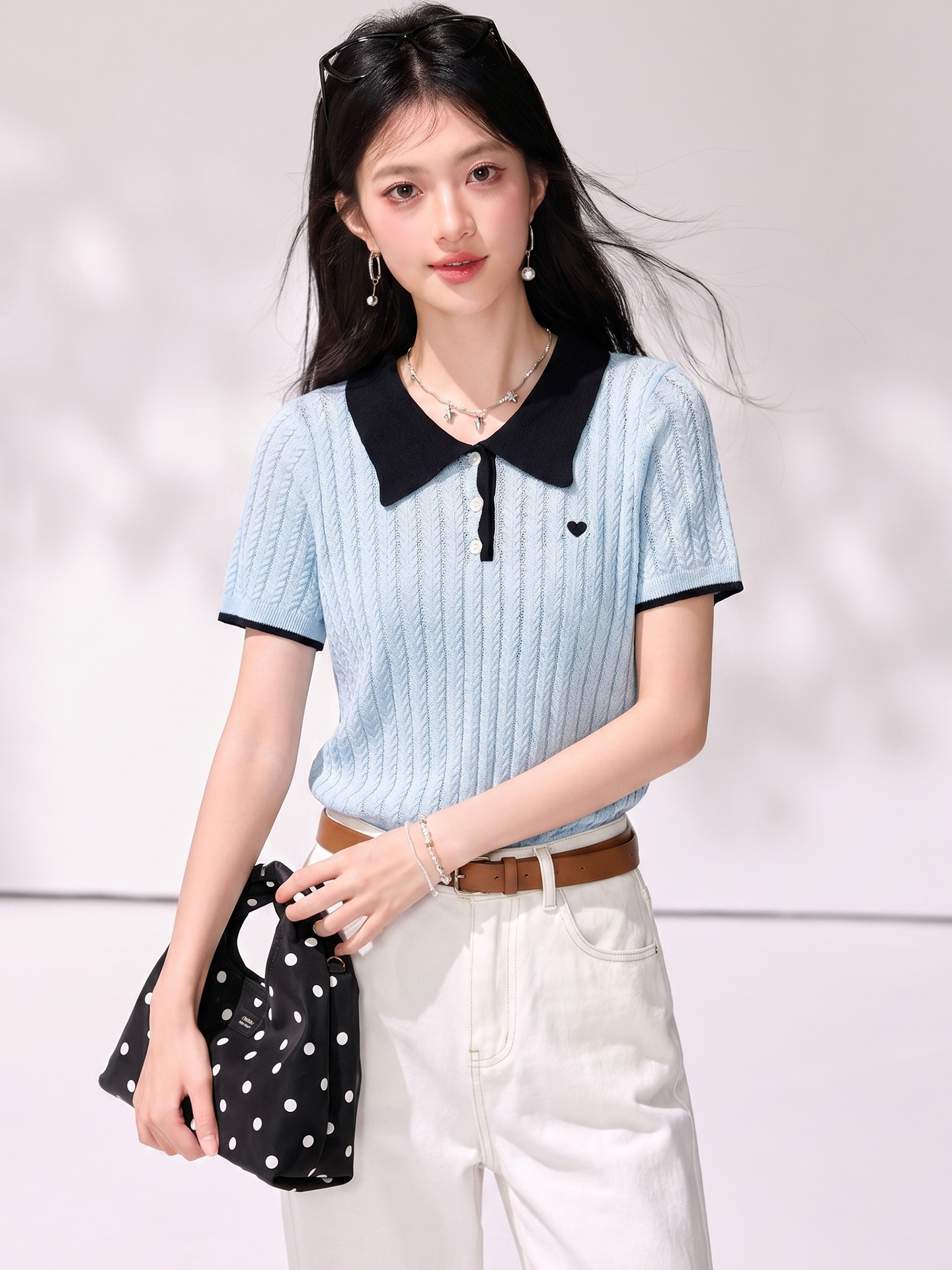 實拍◆有◆2026夏季撞色polo領短袖女愛心刺繡溫柔風百搭通勤上衣