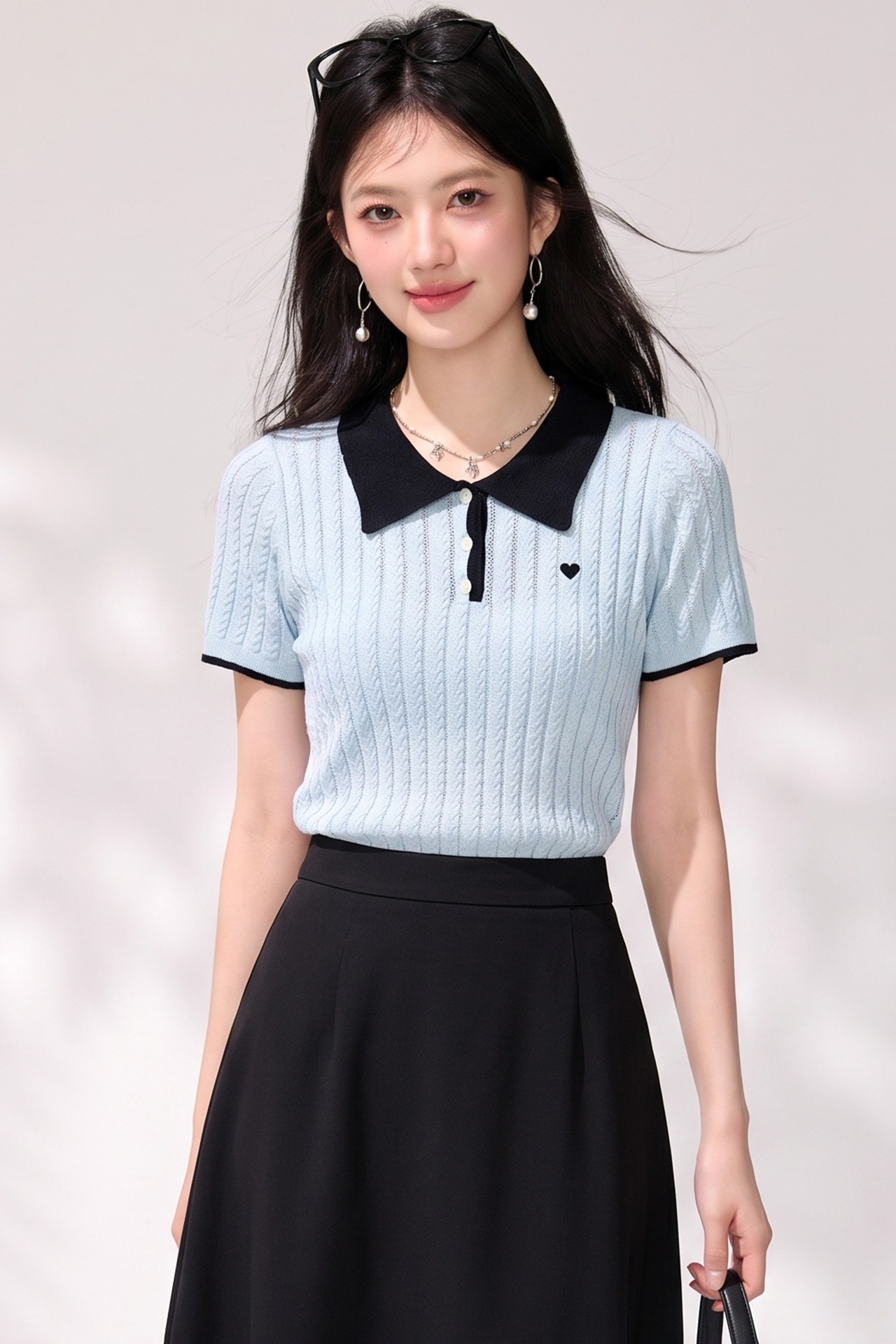 實拍◆有◆2026夏季撞色polo領短袖女愛心刺繡溫柔風百搭通勤上衣