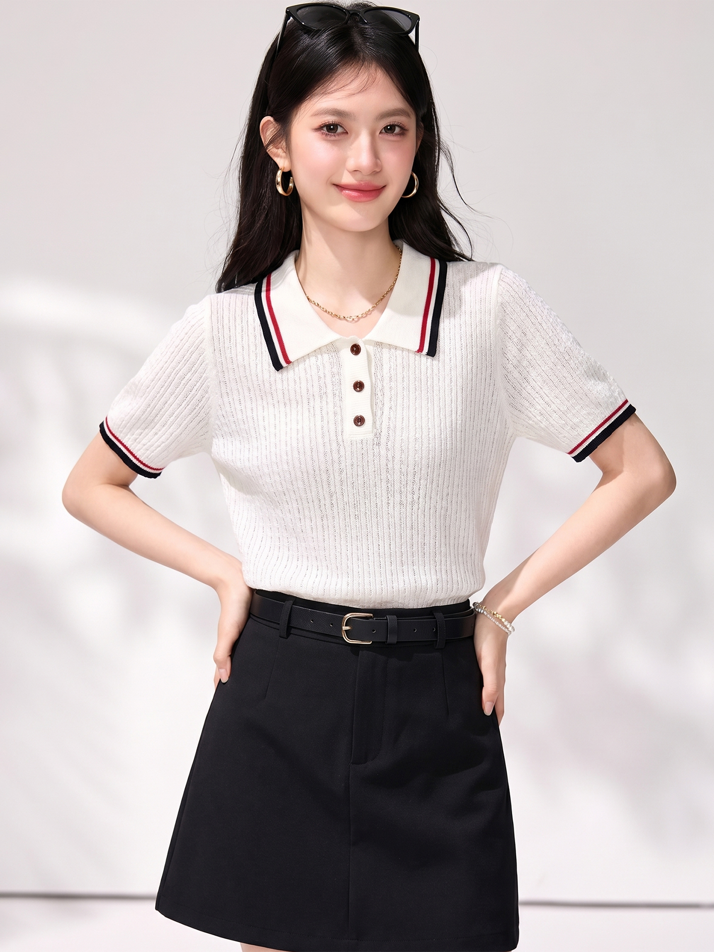 實拍◆有◆2026夏季韓版學院風POLO領撞色短袖女顯瘦百搭時尚上衣