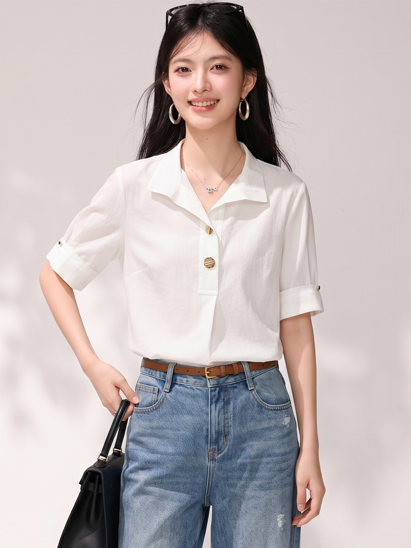 RY4799# 实拍◆有◆2026法式通勤白色衬衫女短袖新款翻领衬衣宽松休...