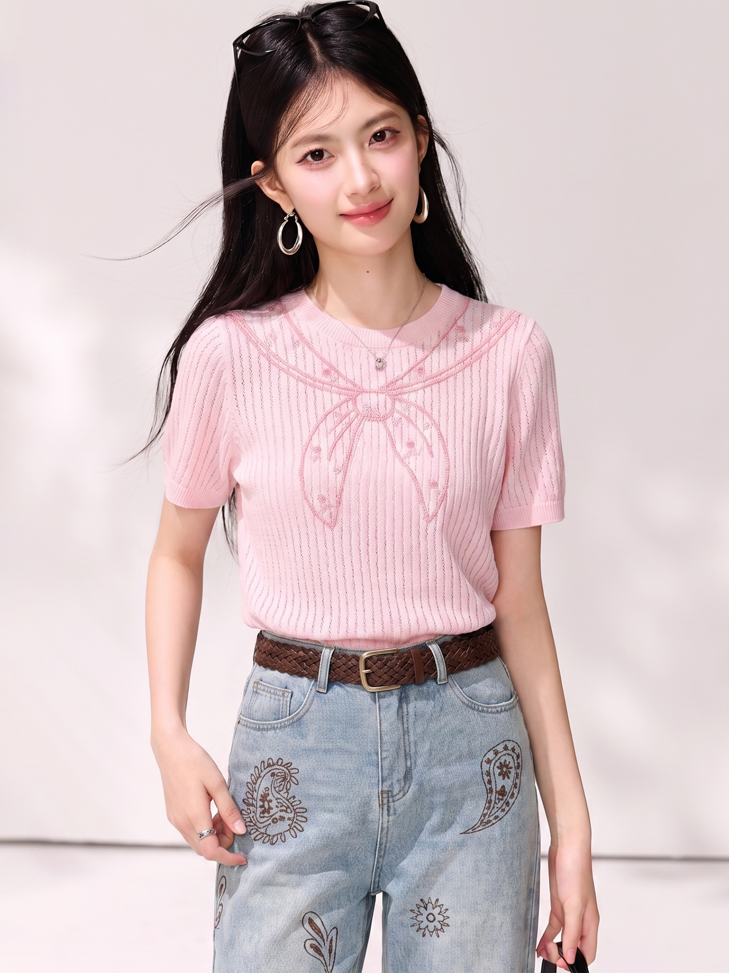 RY4800# 实拍◆有◆2026夏季韩版圆领蝴蝶结刺绣短袖针织女高级感修...