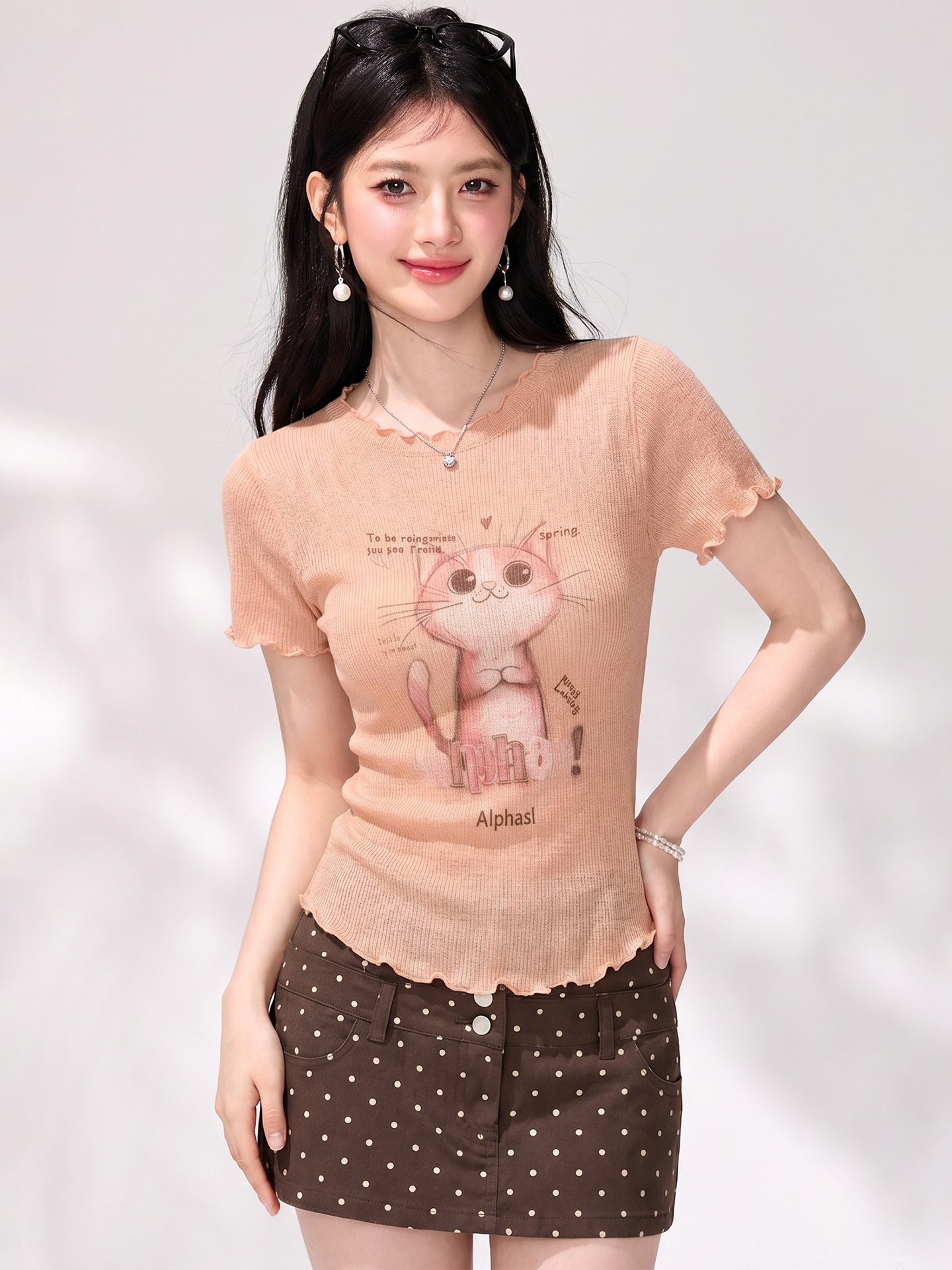 貓咪印花木耳邊冰絲短袖針織衫女夏季新款修身獨特漂亮巨好看上衣