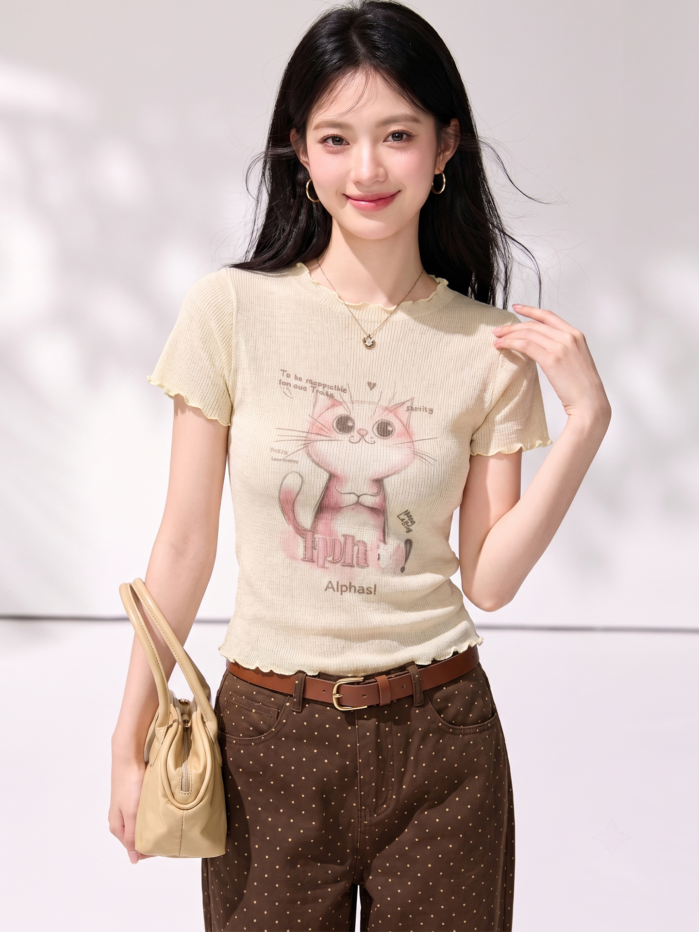 貓咪印花木耳邊冰絲短袖針織衫女夏季新款修身獨特漂亮巨好看上衣