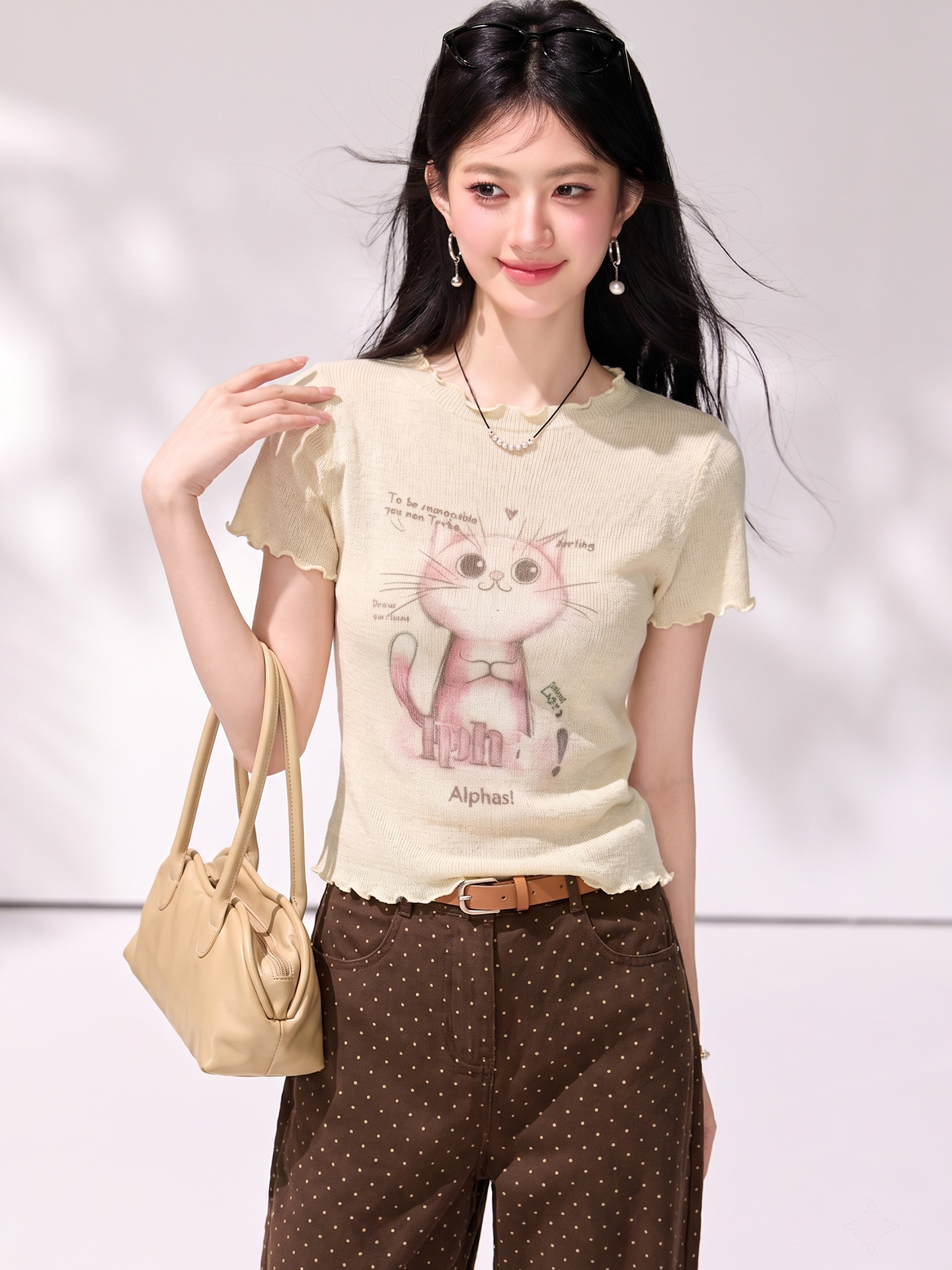 貓咪印花木耳邊冰絲短袖針織衫女夏季新款修身獨特漂亮巨好看上衣