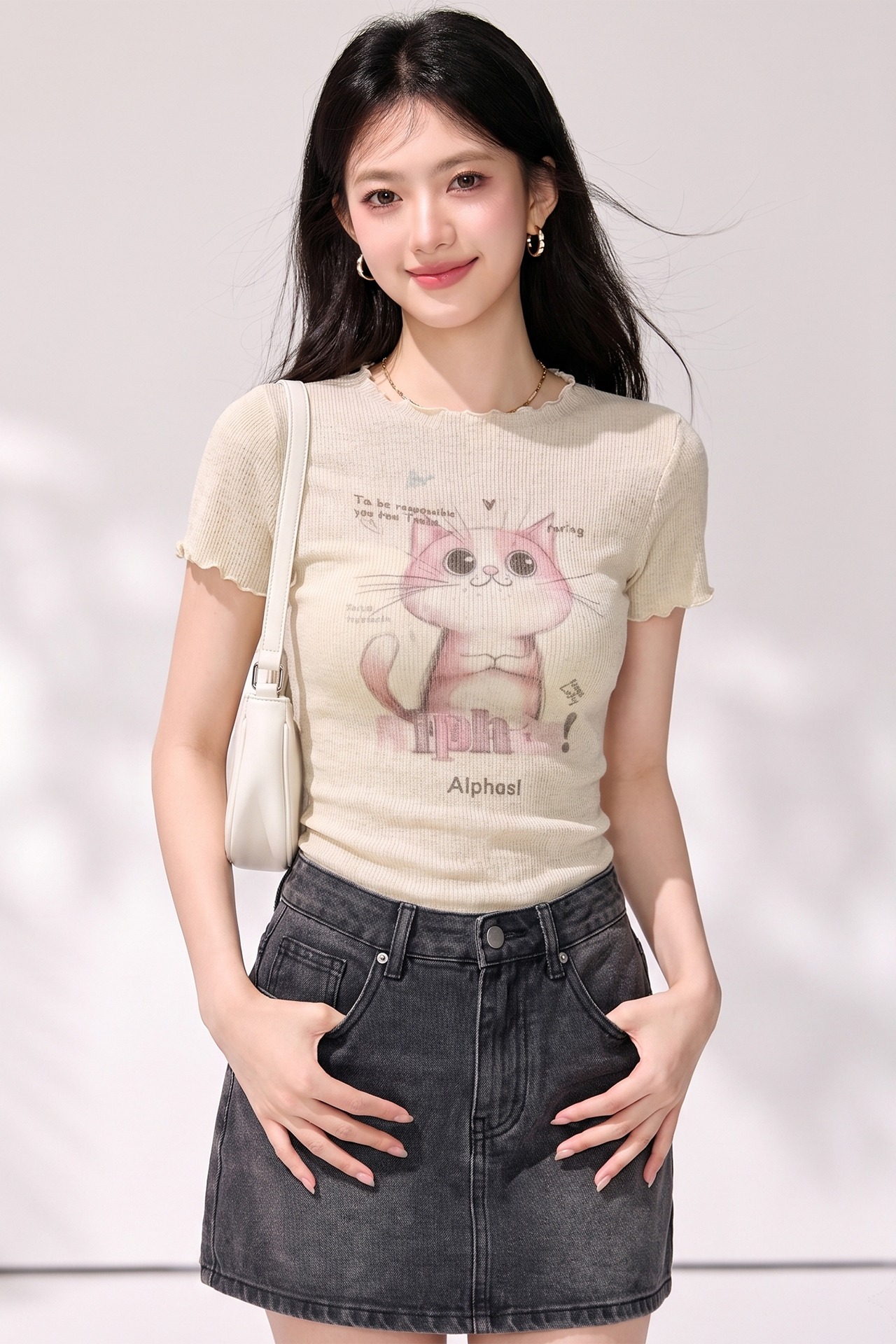 貓咪印花木耳邊冰絲短袖針織衫女夏季新款修身獨特漂亮巨好看上衣