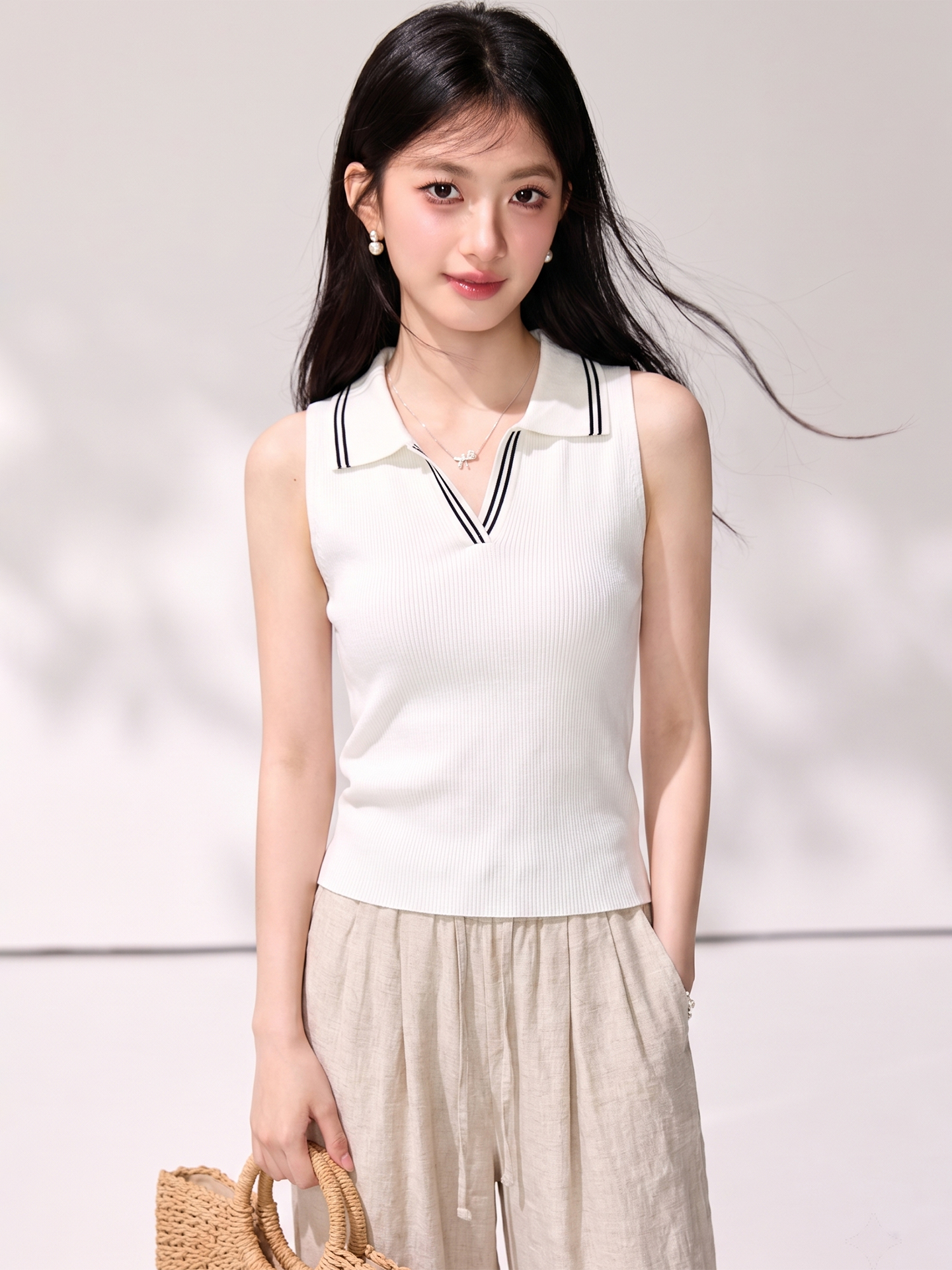 實拍韓系休閑風Polo領針織背心撞色邊修身顯瘦夏季無袖多色上衣