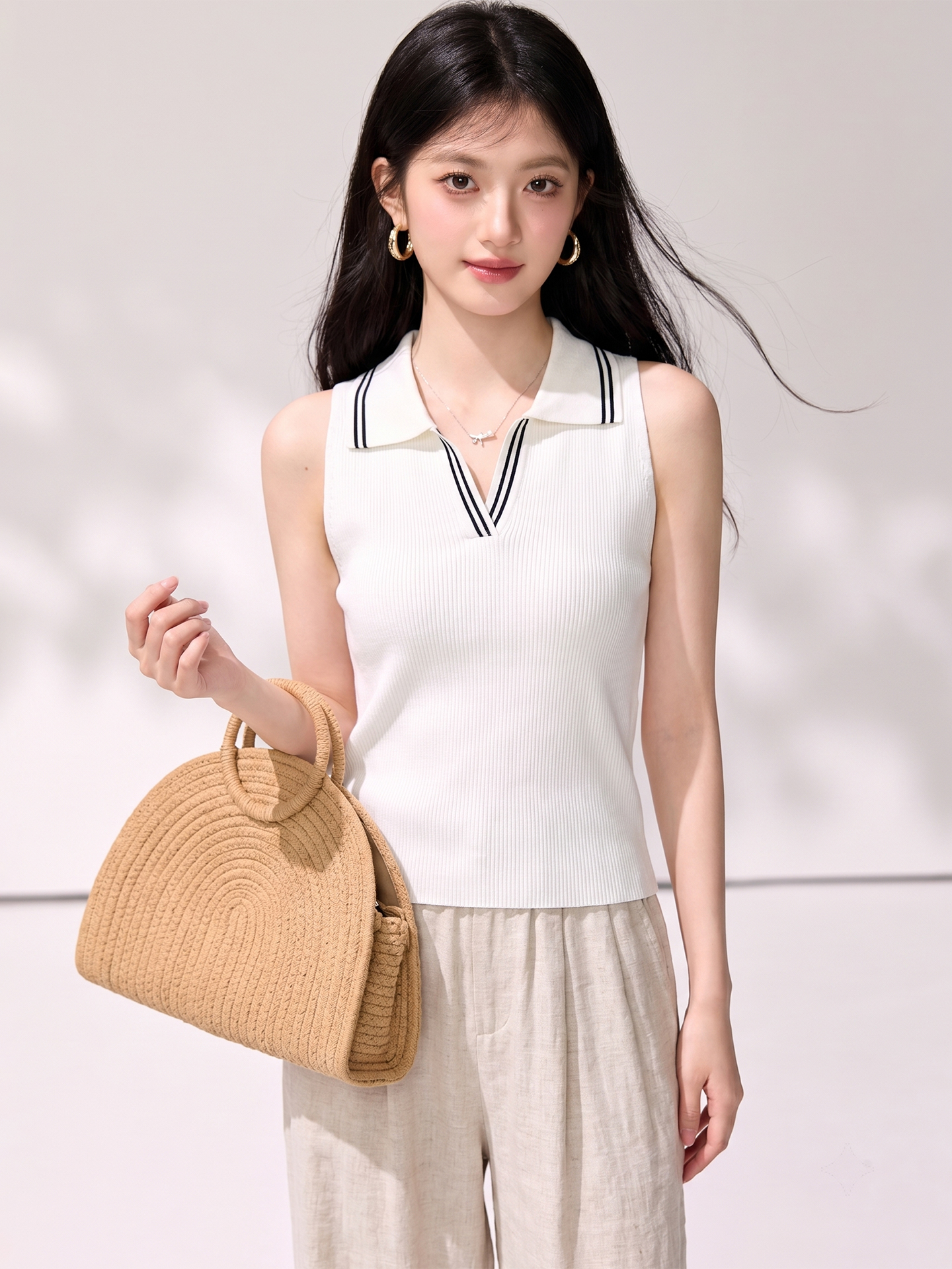 實拍韓系休閑風Polo領針織背心撞色邊修身顯瘦夏季無袖多色上衣