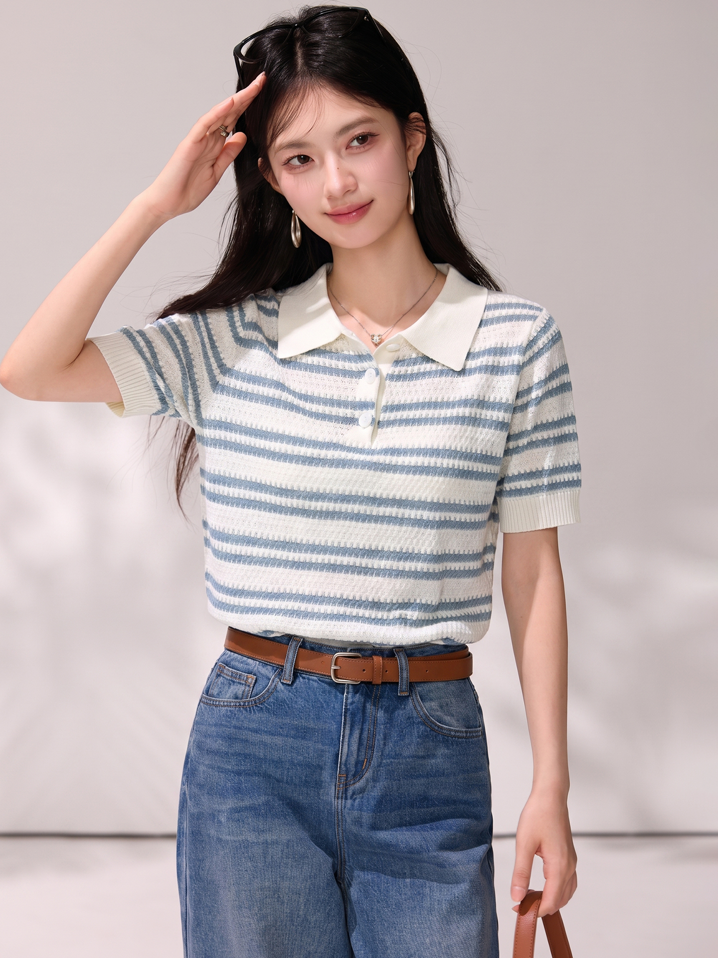 實拍polo領藍色條紋短袖T恤女夏季寬松短款正肩半袖薄針織衫上衣