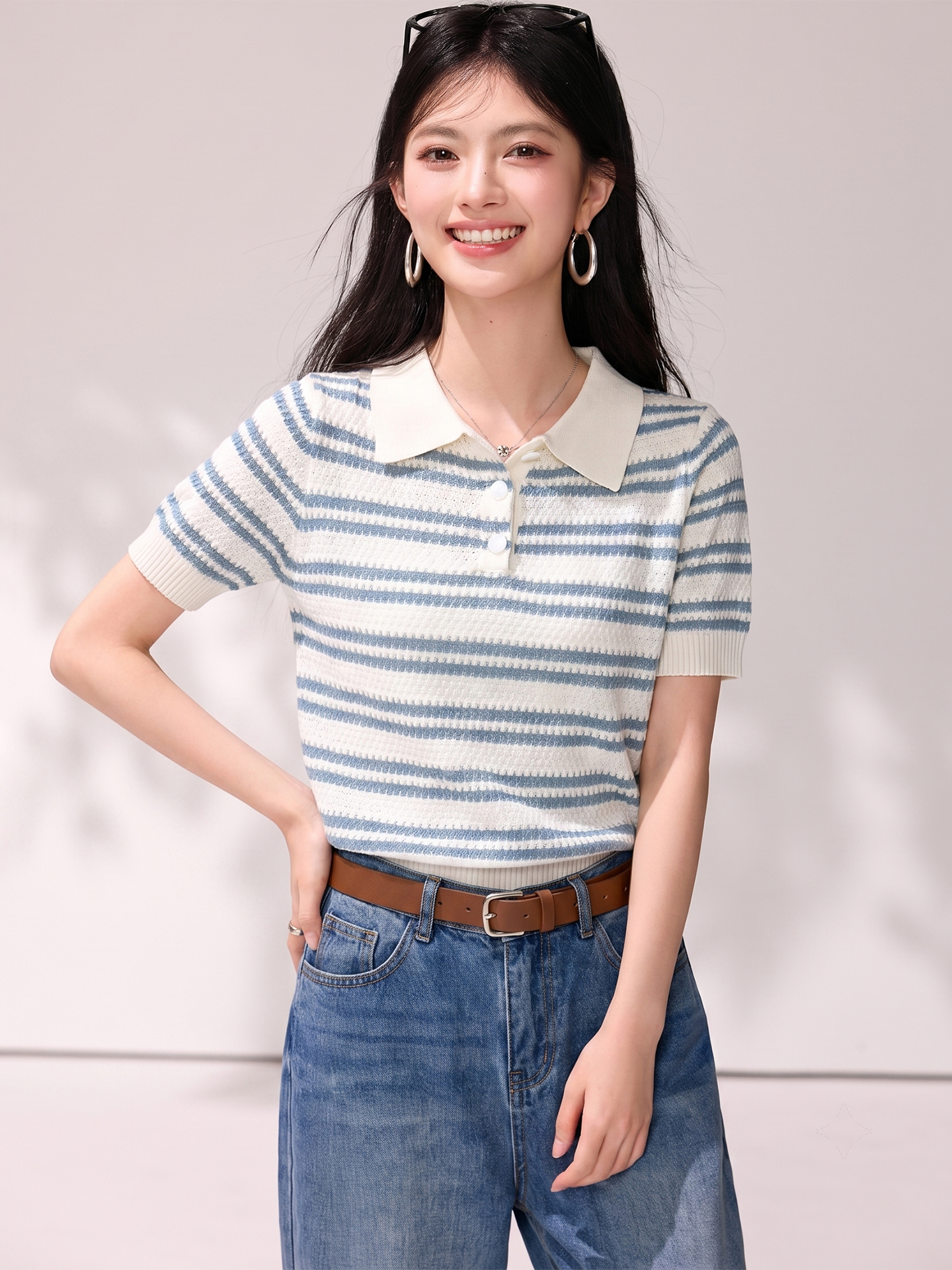 實拍polo領藍色條紋短袖T恤女夏季寬松短款正肩半袖薄針織衫上衣