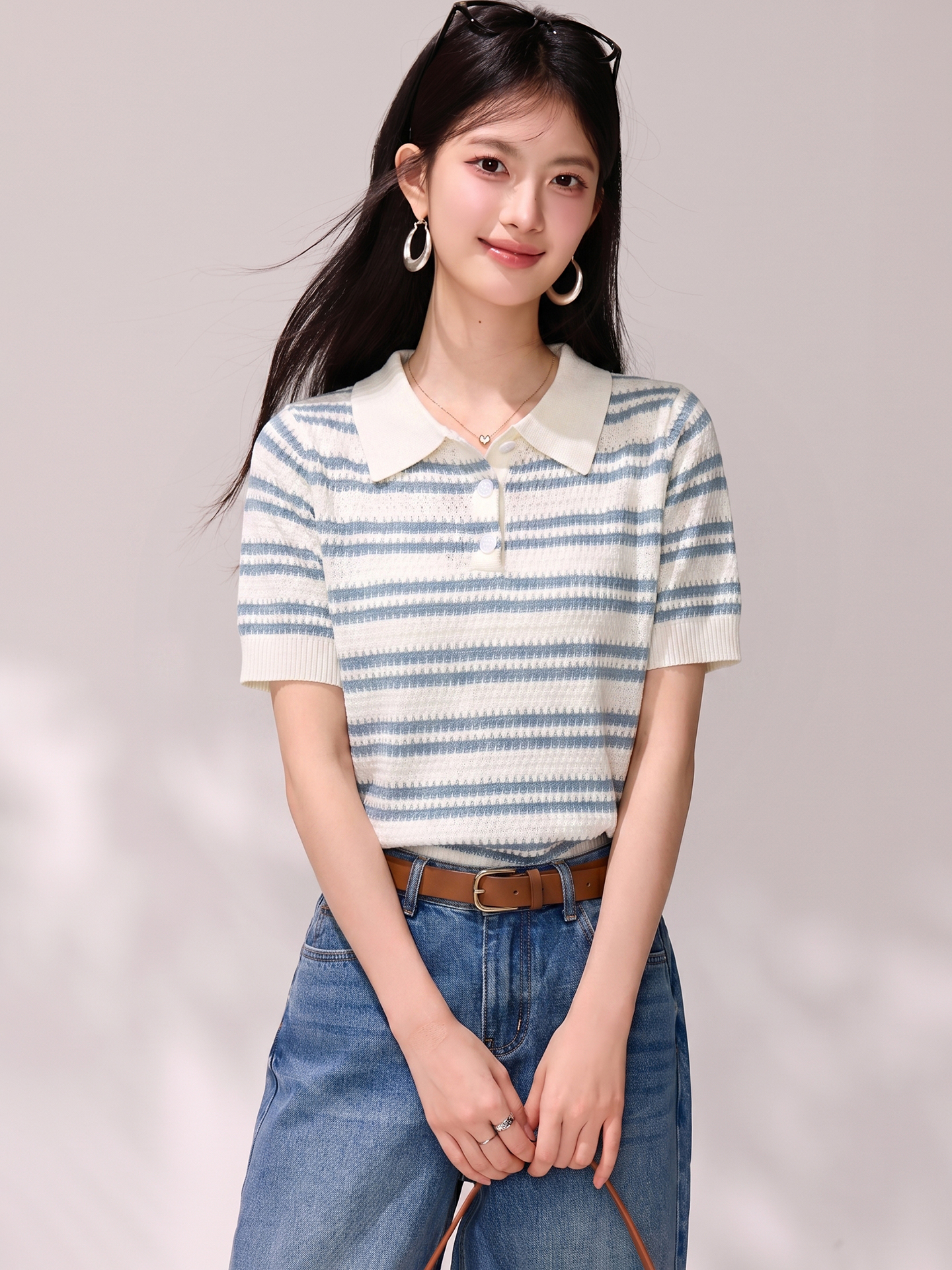 實拍polo領藍色條紋短袖T恤女夏季寬松短款正肩半袖薄針織衫上衣