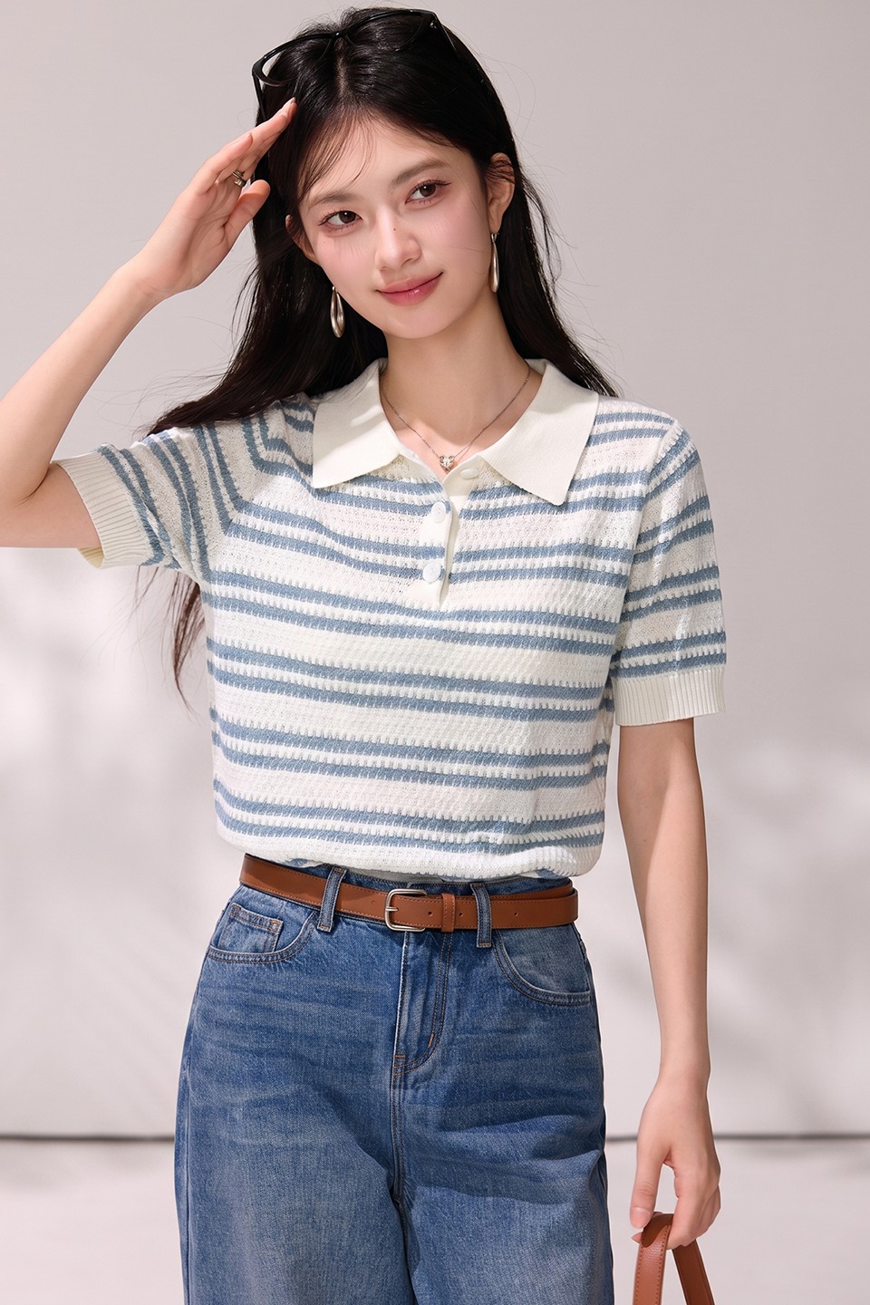 實拍polo領藍色條紋短袖T恤女夏季寬松短款正肩半袖薄針織衫上衣
