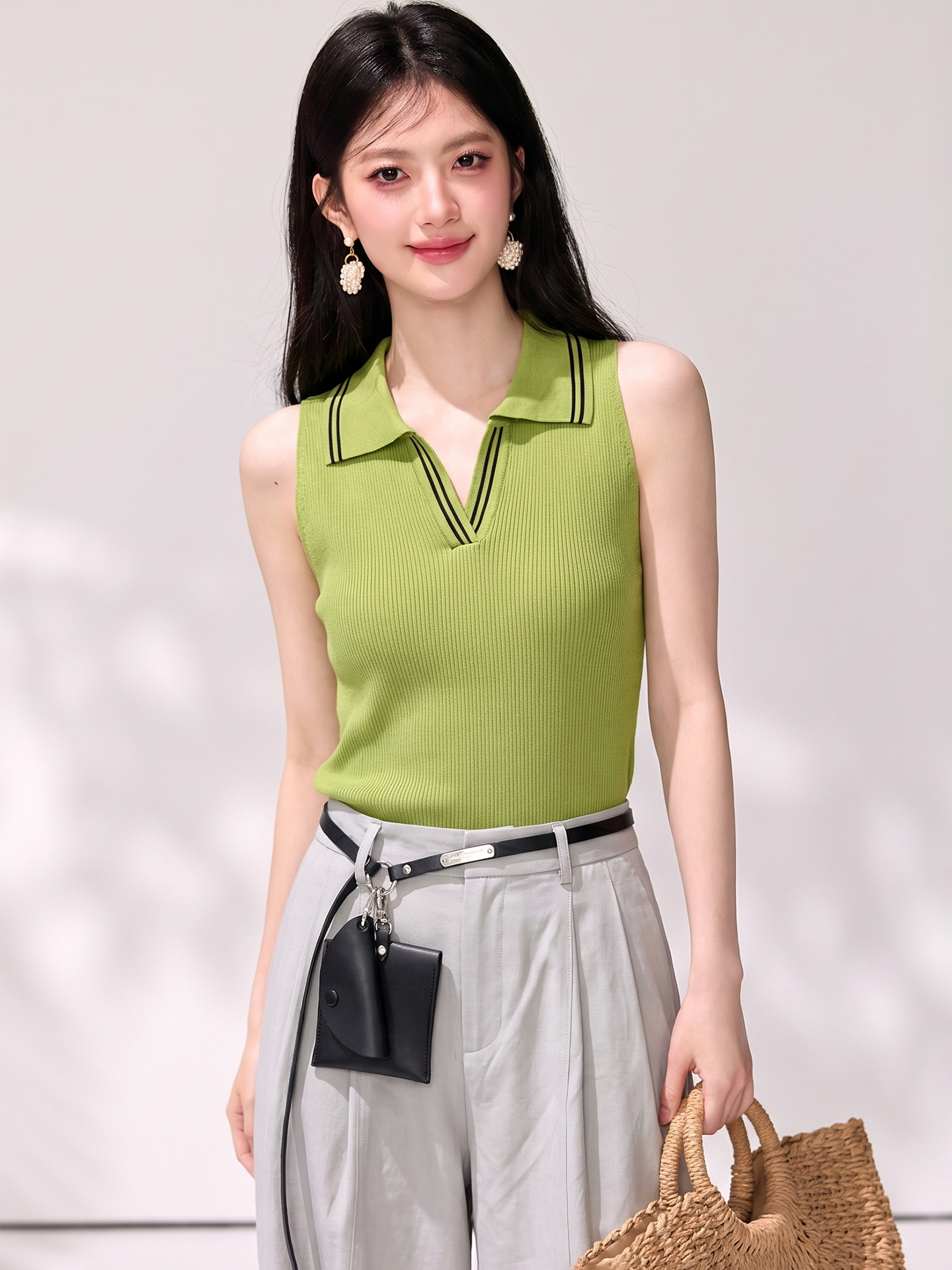 實拍2026新款韓版學院風撞色POLO領無袖針織衫女夏季百搭修身上衣