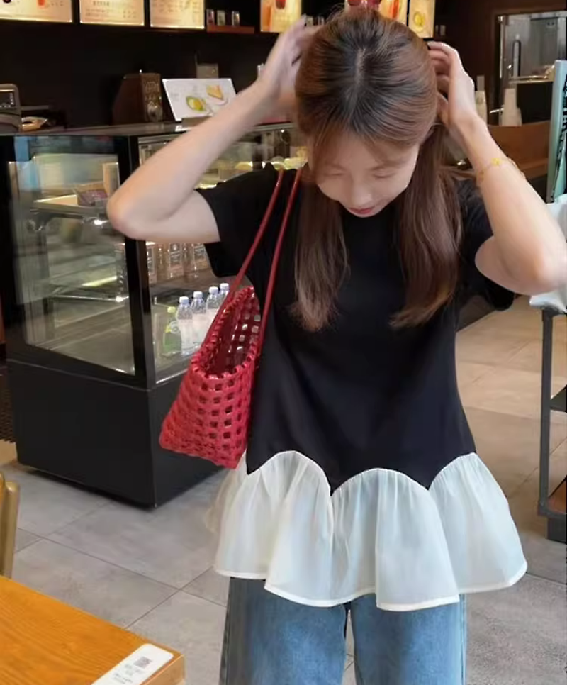 MY7916# 下摆撞色拼接荷叶边短袖女t恤新款夏季独特超好看单穿上衣服女裝貨源服裝批發