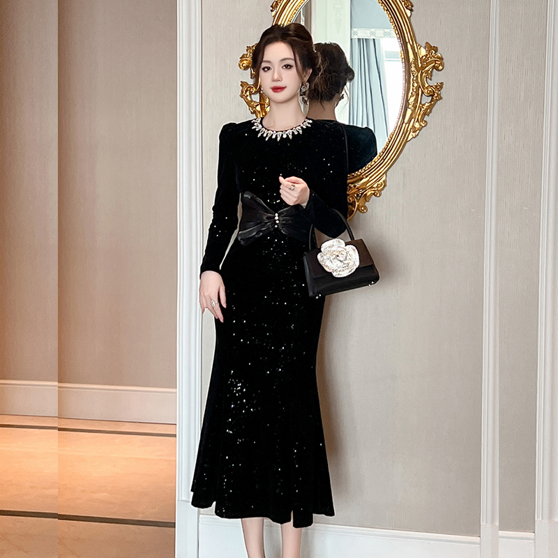 MY15335# 欧洲站高端气场强大连衣裙御姐风蝴蝶结重工烫钻修身中长裙女...