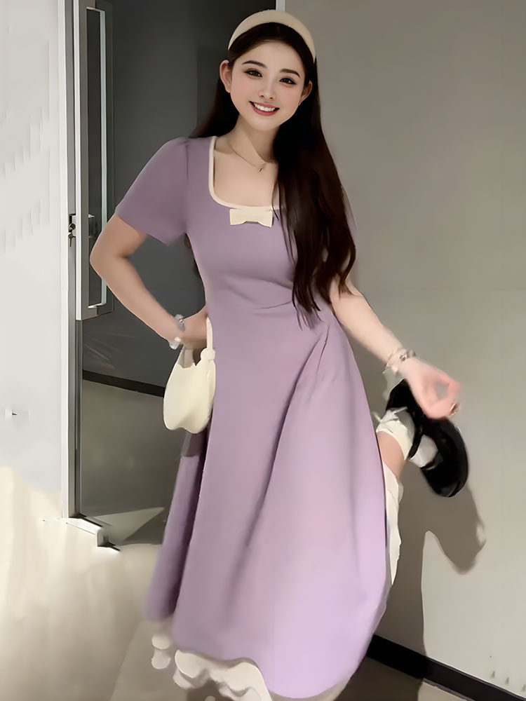 RY3410# 大码法式紫色显白方领短袖连衣裙女夏季胖mm高腰梨形身材显瘦...