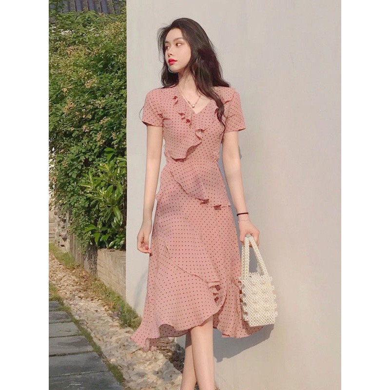 RY3390# 纯欲雪纺裙子法式复古裹身裙2026夏新款文艺v领浪漫荷叶边...