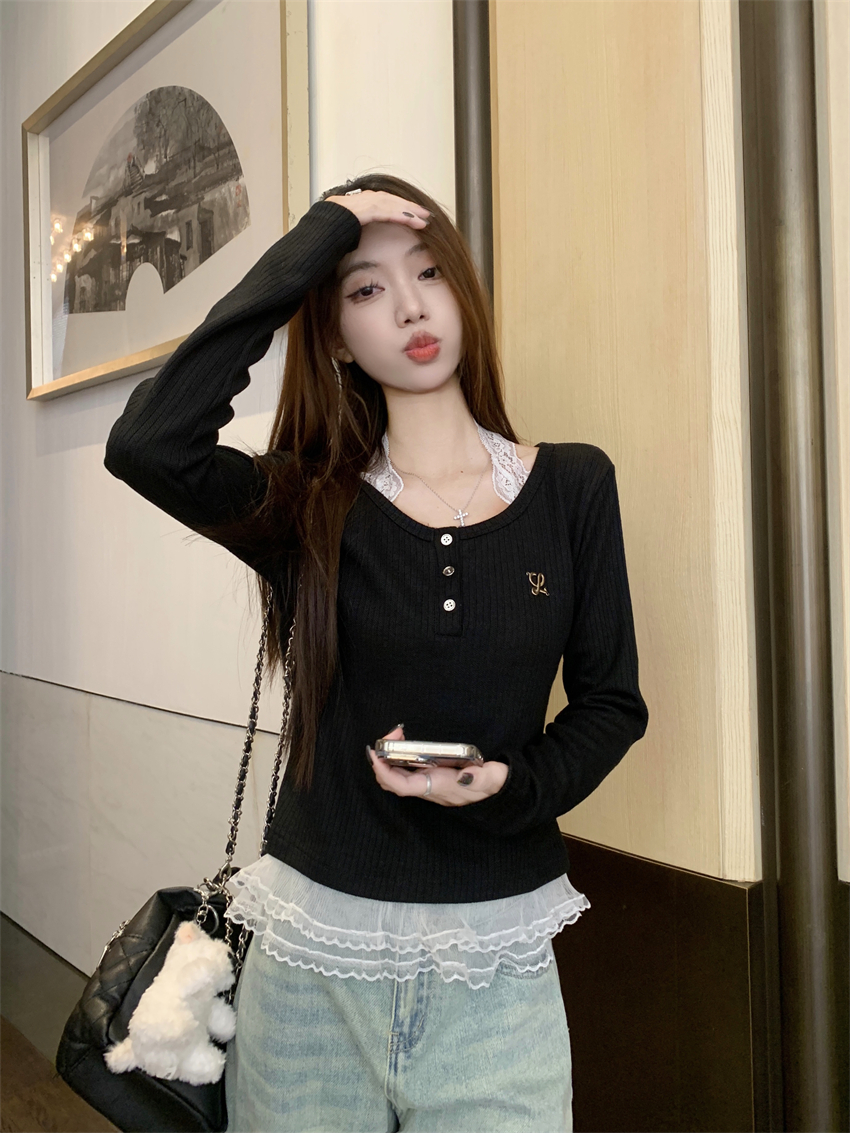MY15279# 纯欲风假两件长袖针织打底女秋季甜辣挂脖蕾丝内搭上衣女裝貨源服裝批發