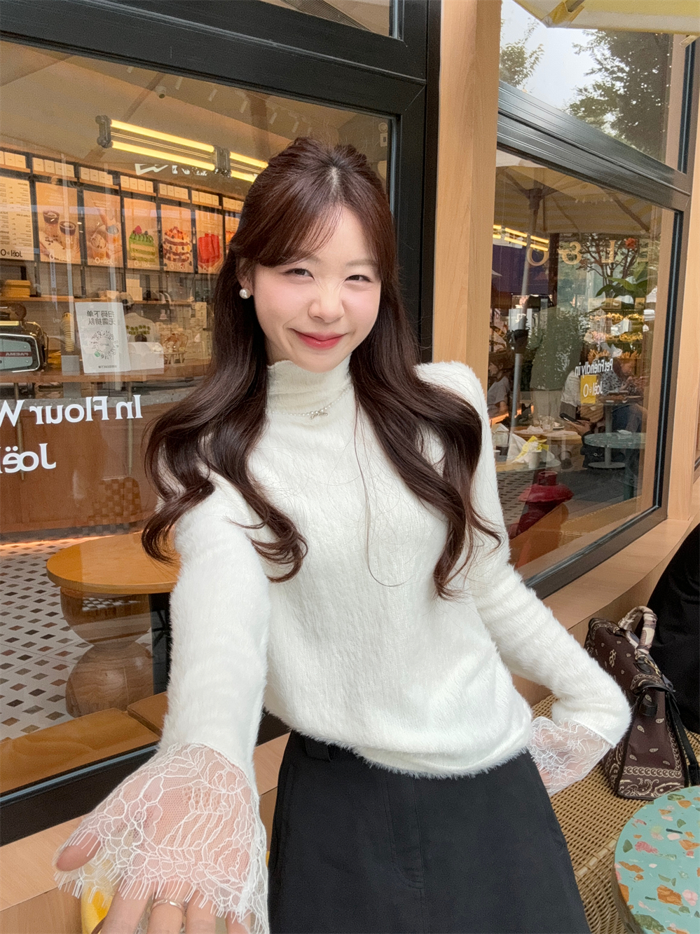 MY15277# 小香风半高领毛衣女白色针织打底衫蕾丝内搭毛毛上衣女裝貨源服裝批發