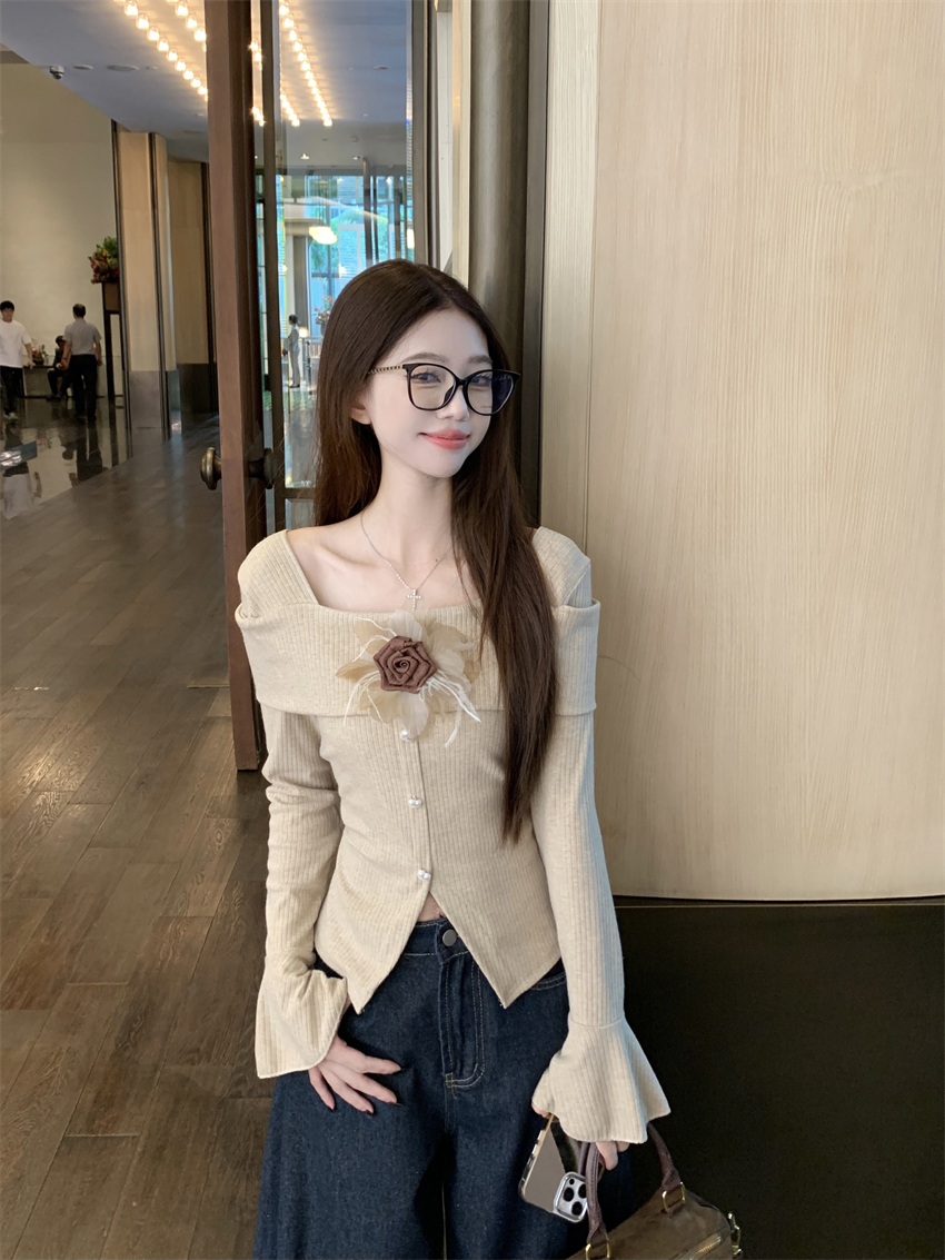 MY15271# 一字肩喇叭袖针织打底衫女不规则美拉德花朵上衣女裝貨源服裝批發