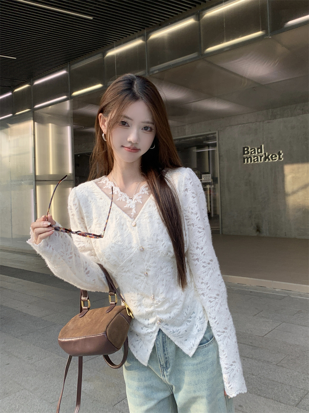 MY15270# 新款V领小个子长袖打底衫洋气加绒加厚蕾丝女裝貨源服裝批發