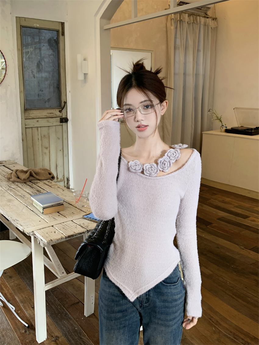 MY15269# 不规则仿水貂绒针织打底衫新款别致花朵上衣女女裝貨源服裝批...