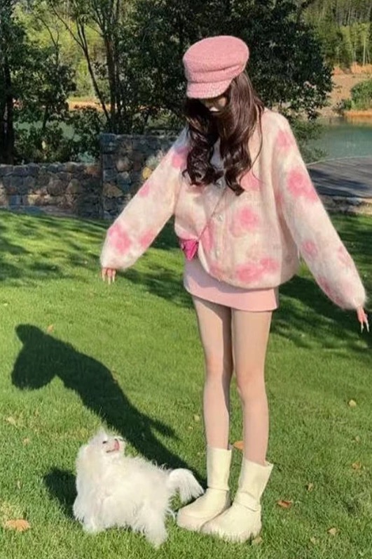 早秋流行韓系穿搭粉色花朵毛衣開衫女秋冬寬松慵懶風針織外套上衣