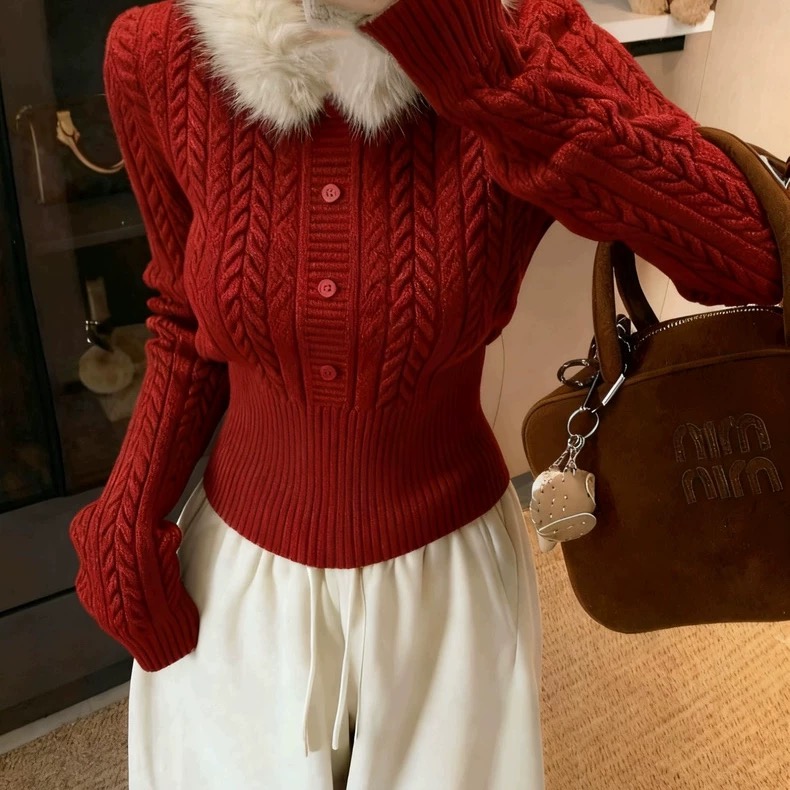 MY17533# 韩系简约气质百搭显瘦针织衫女可拆卸毛领麻花保暖毛衣女裝貨源服裝批發